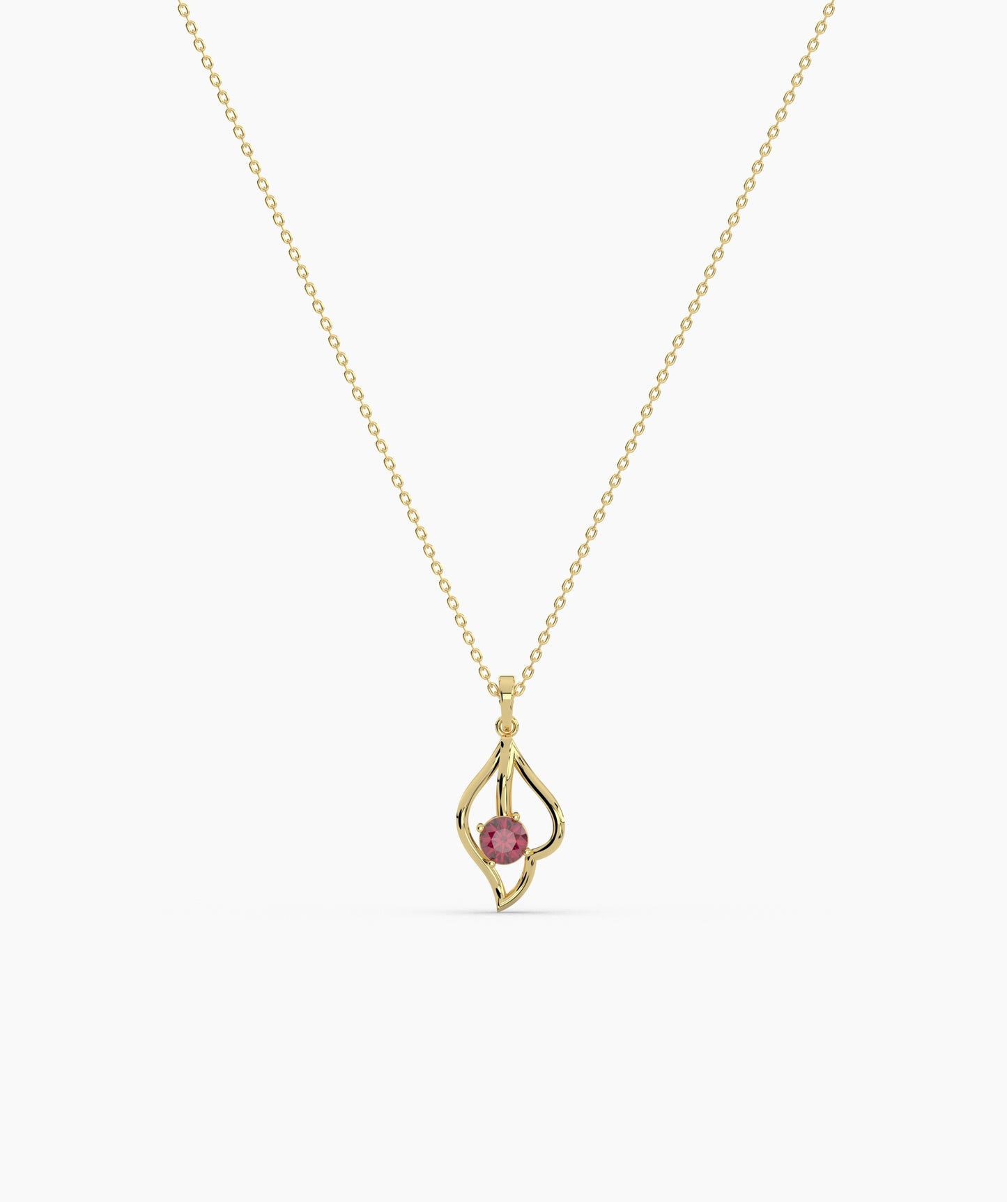 Red Solitaire Open Lotus Bud Necklace in 14K Gold