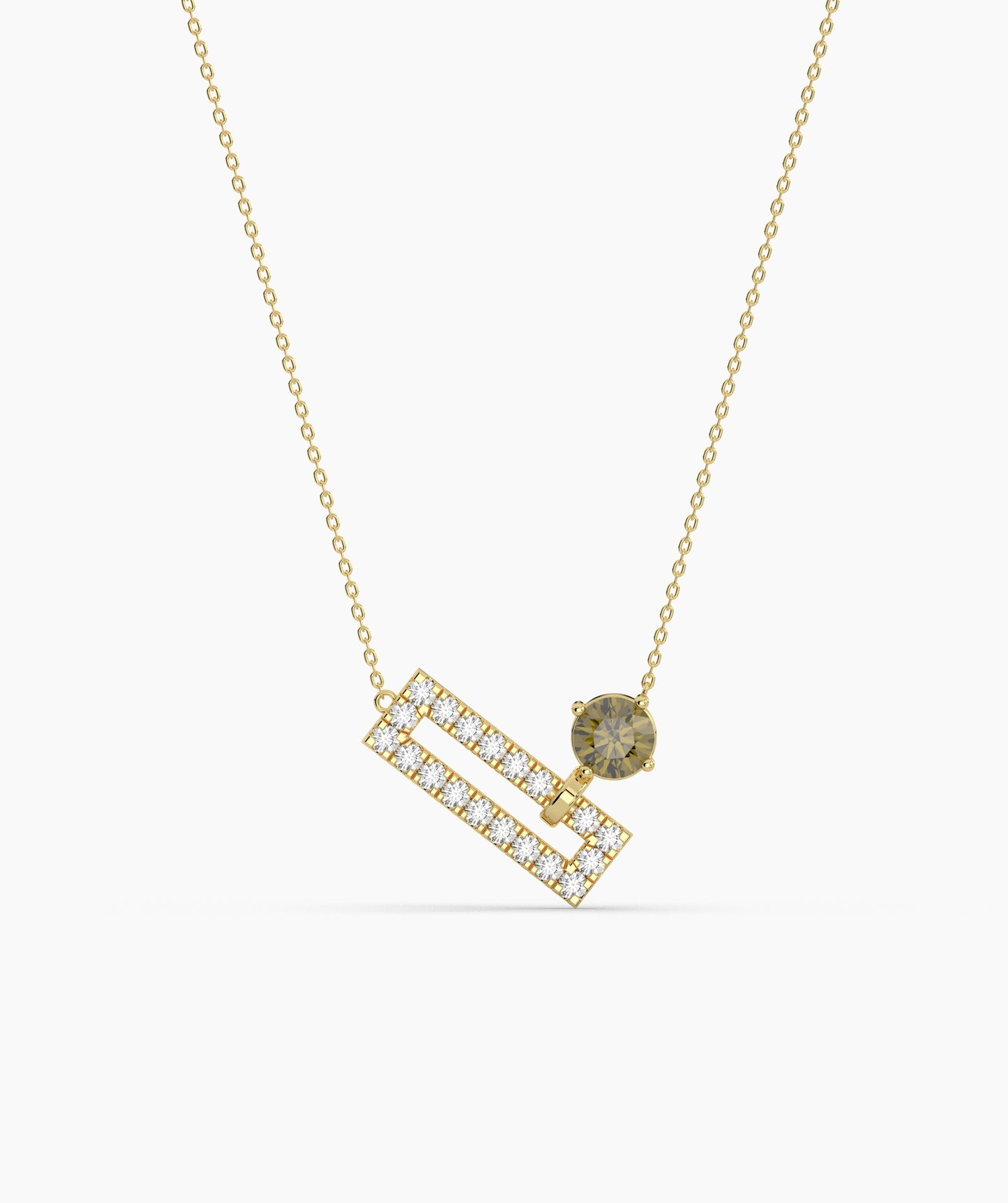 Open Rectangle Pavé Diamond Bar with Round Green Birthstone Necklace