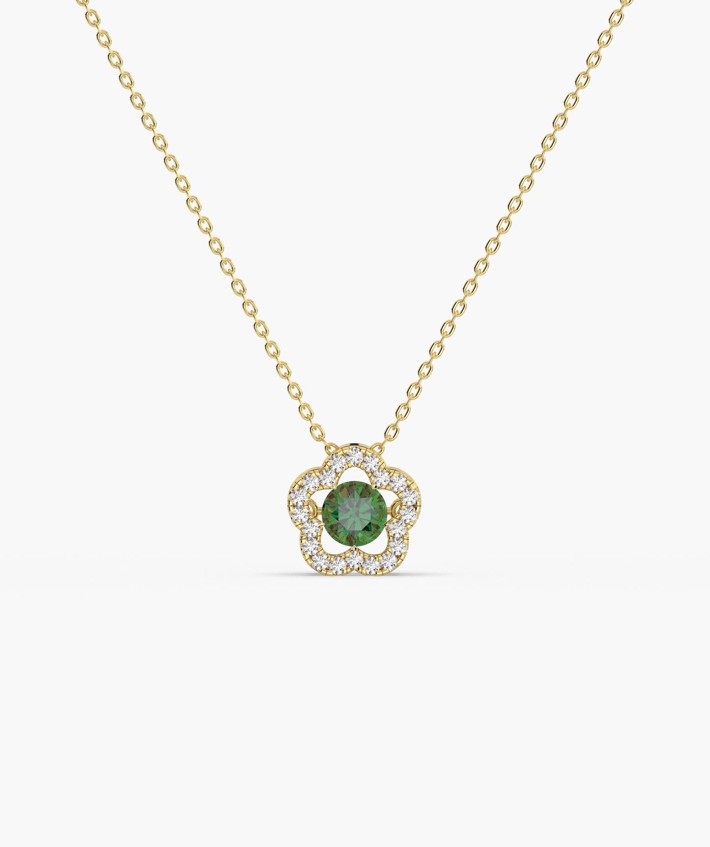 14K Gold Emerald & Diamond Clover Halo Necklace
