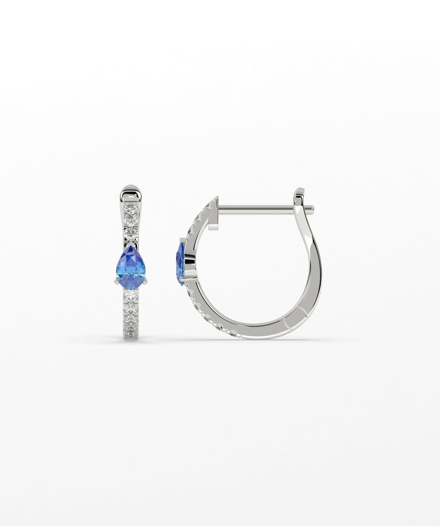 14K Gold Pear Blue Diamond & White Diamond Pavé Huggie Hoop Earrings