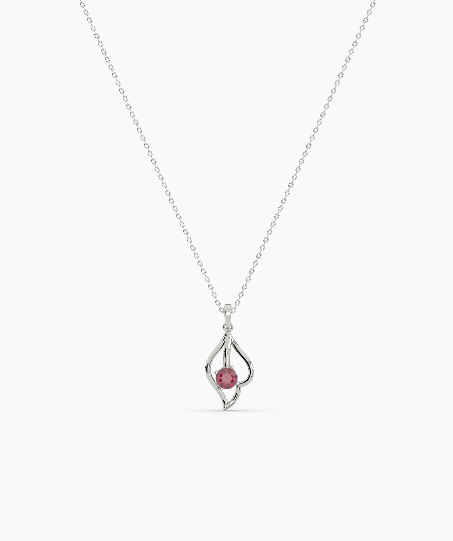 Red Solitaire Open Lotus Bud Necklace in 14K Gold