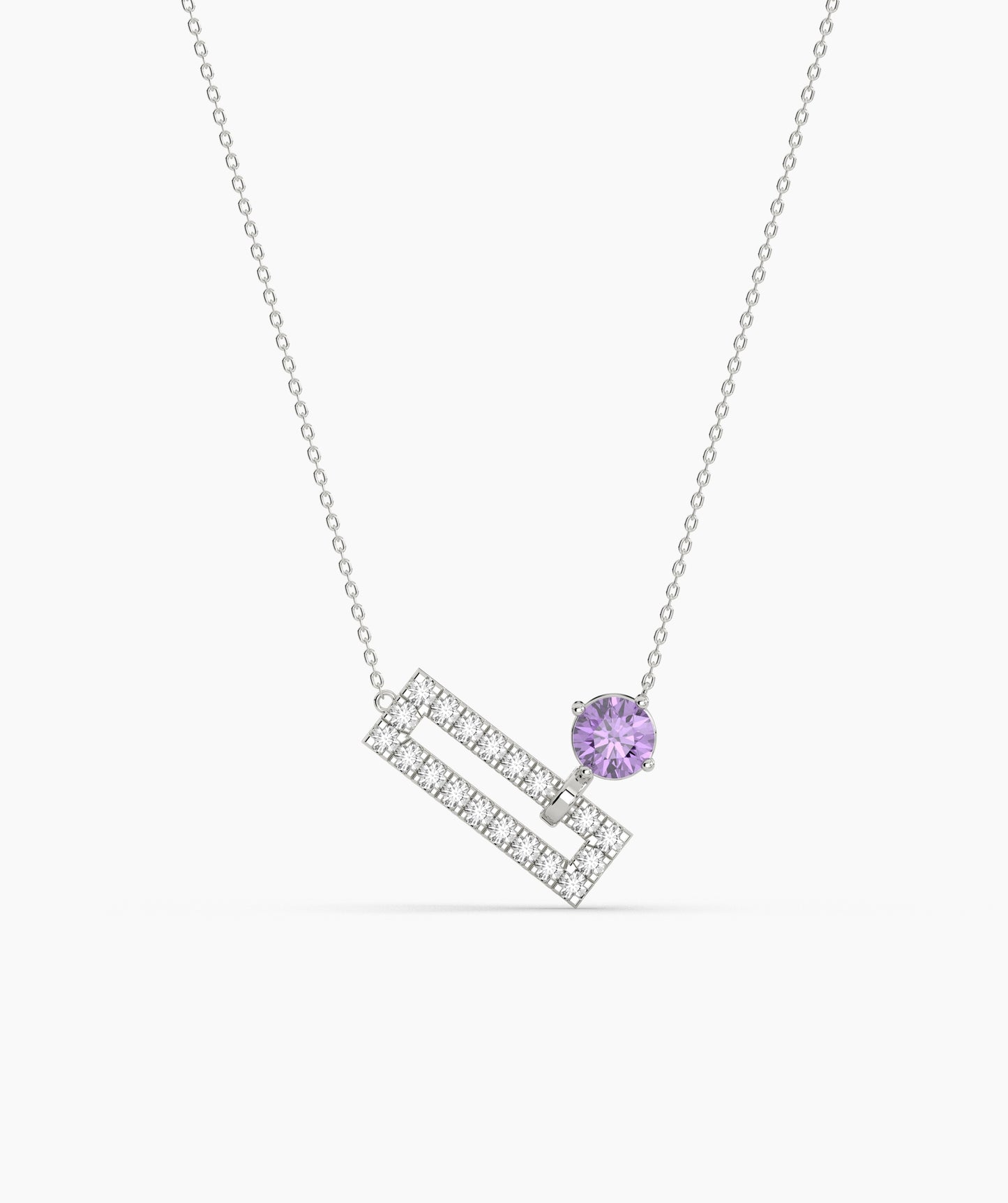 Open Rectangle Pavé Diamond Bar with Round Green Birthstone Necklace