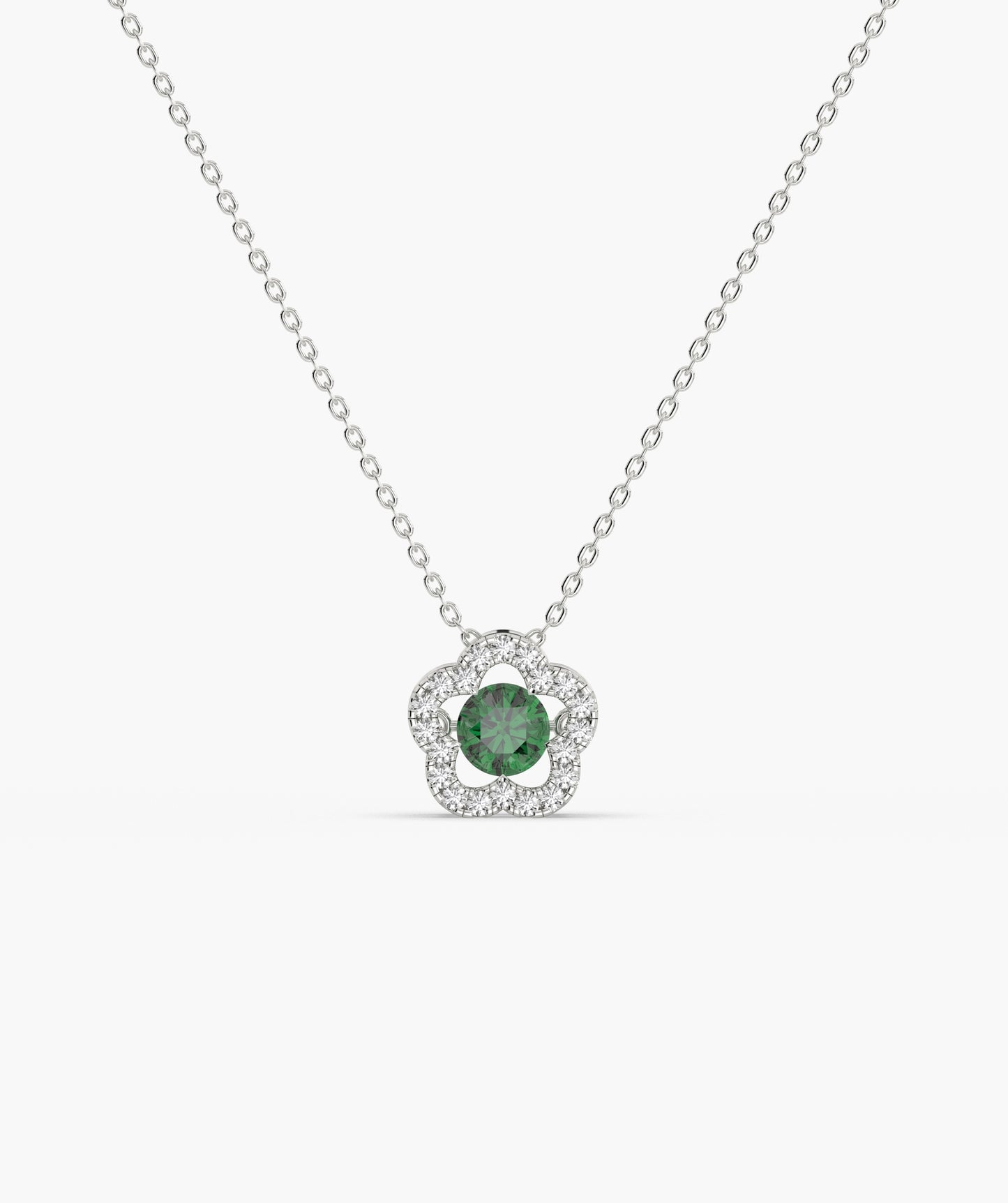 14K Gold Emerald & Diamond Clover Halo Necklace