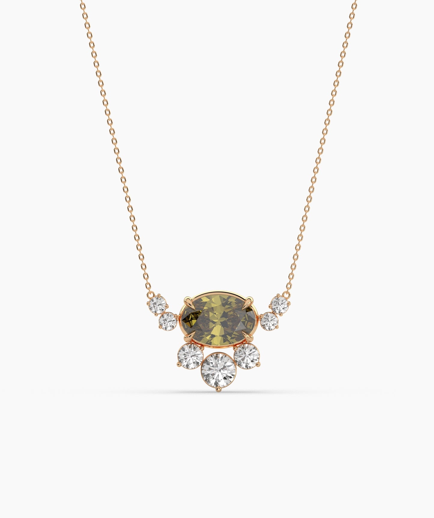 Oval Green Gemstone & Diamond Sunburst Pendant Necklace