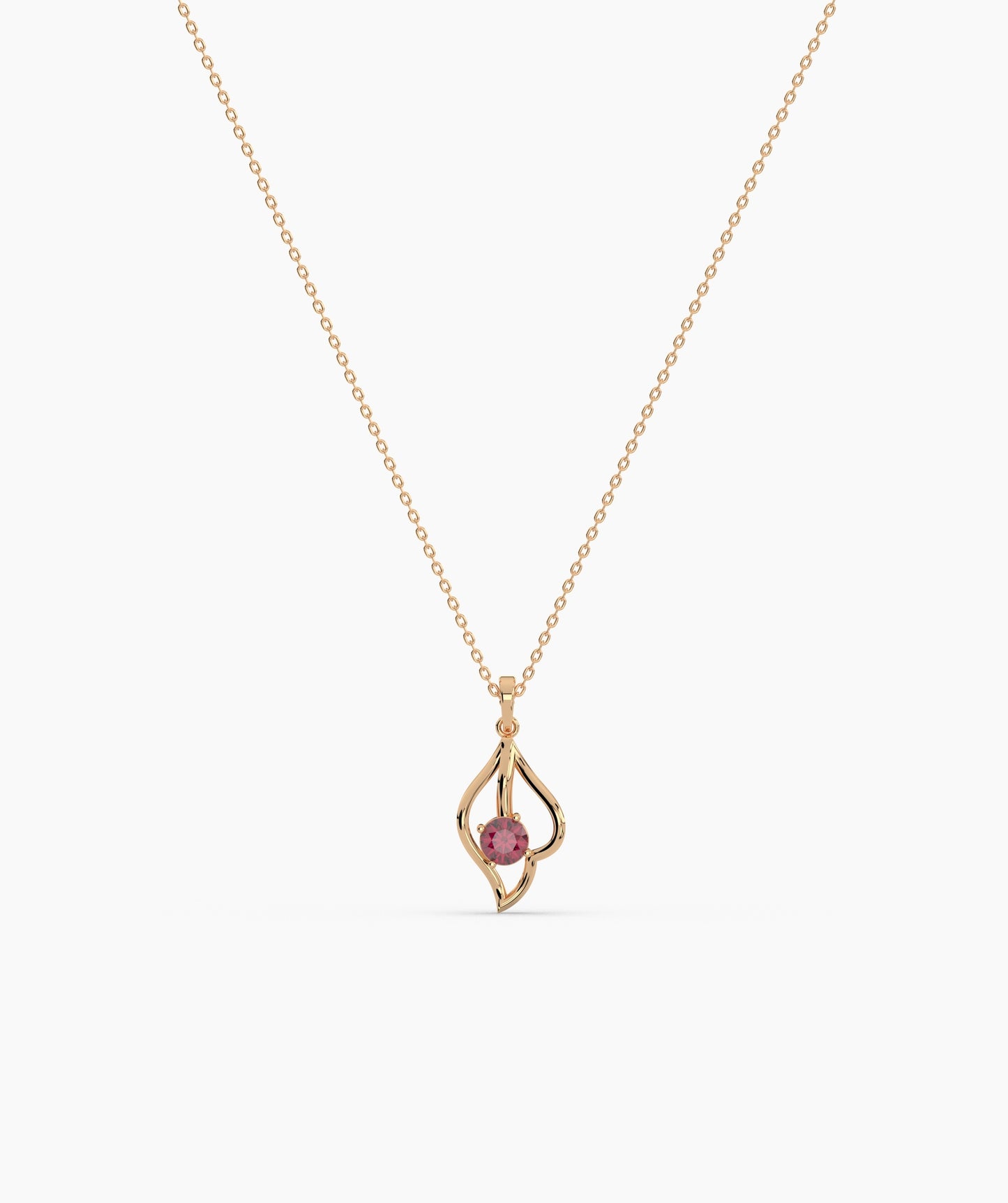 Red Solitaire Open Lotus Bud Necklace in 14K Gold
