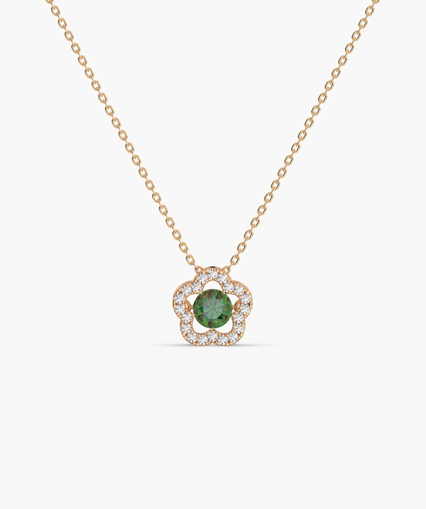 14K Gold Emerald & Diamond Clover Halo Necklace