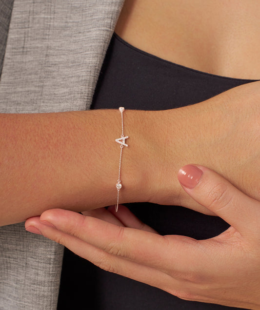 Model Wearing Pave Diamond Initial Bracelet 
