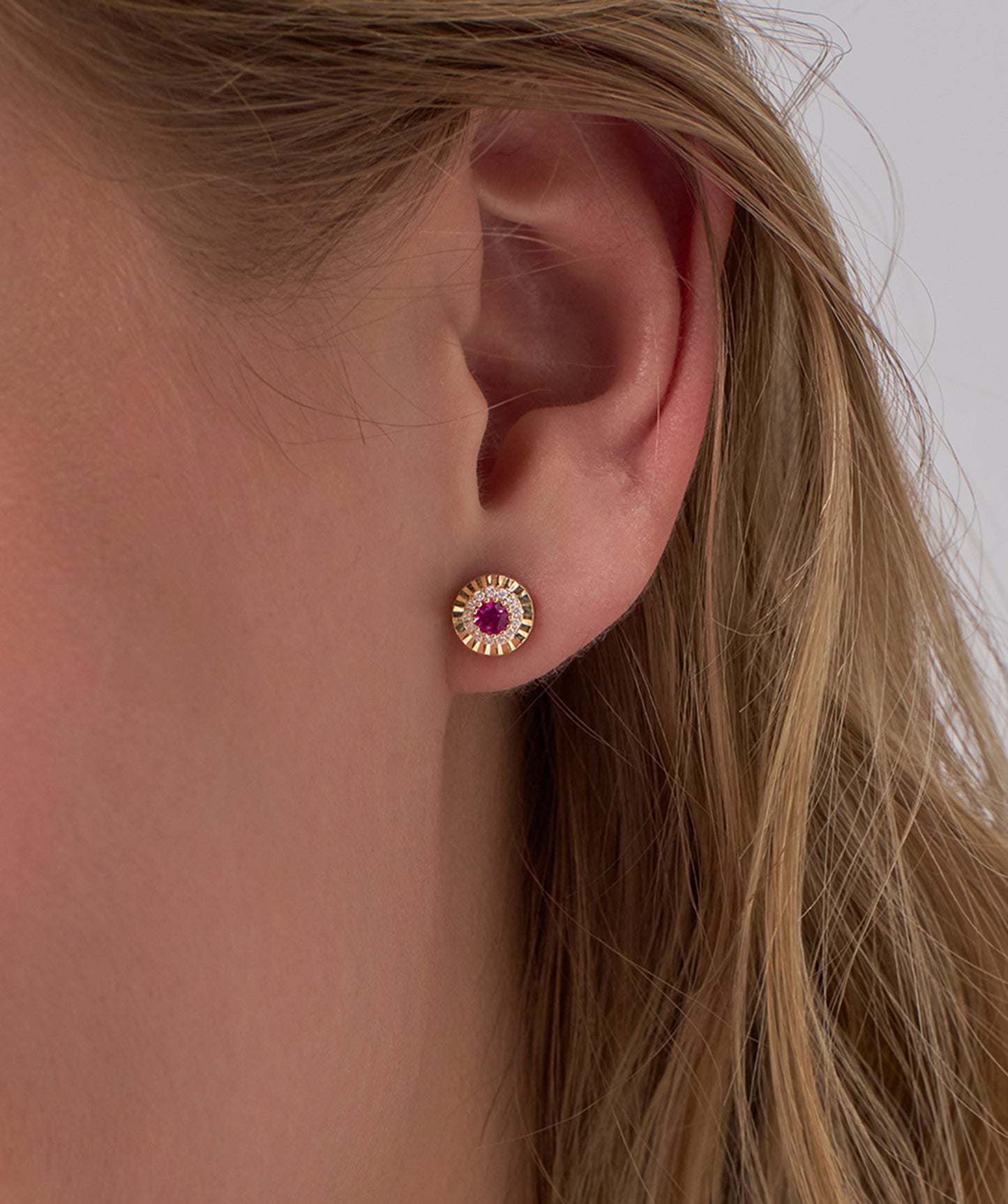 14K Gold Ruby Halo Stud Earrings