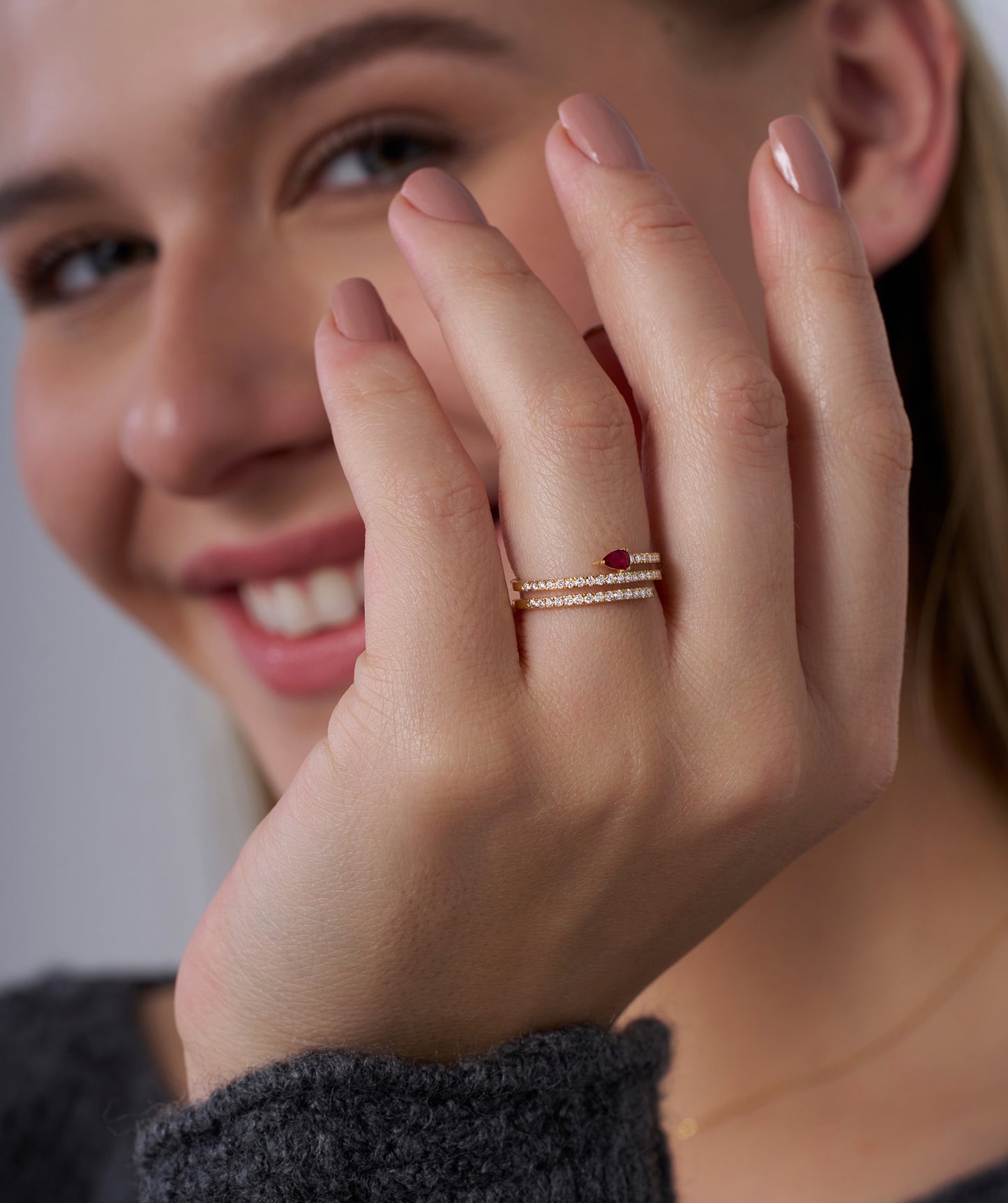 Ruby Heart 14K Gold Double Row Ring