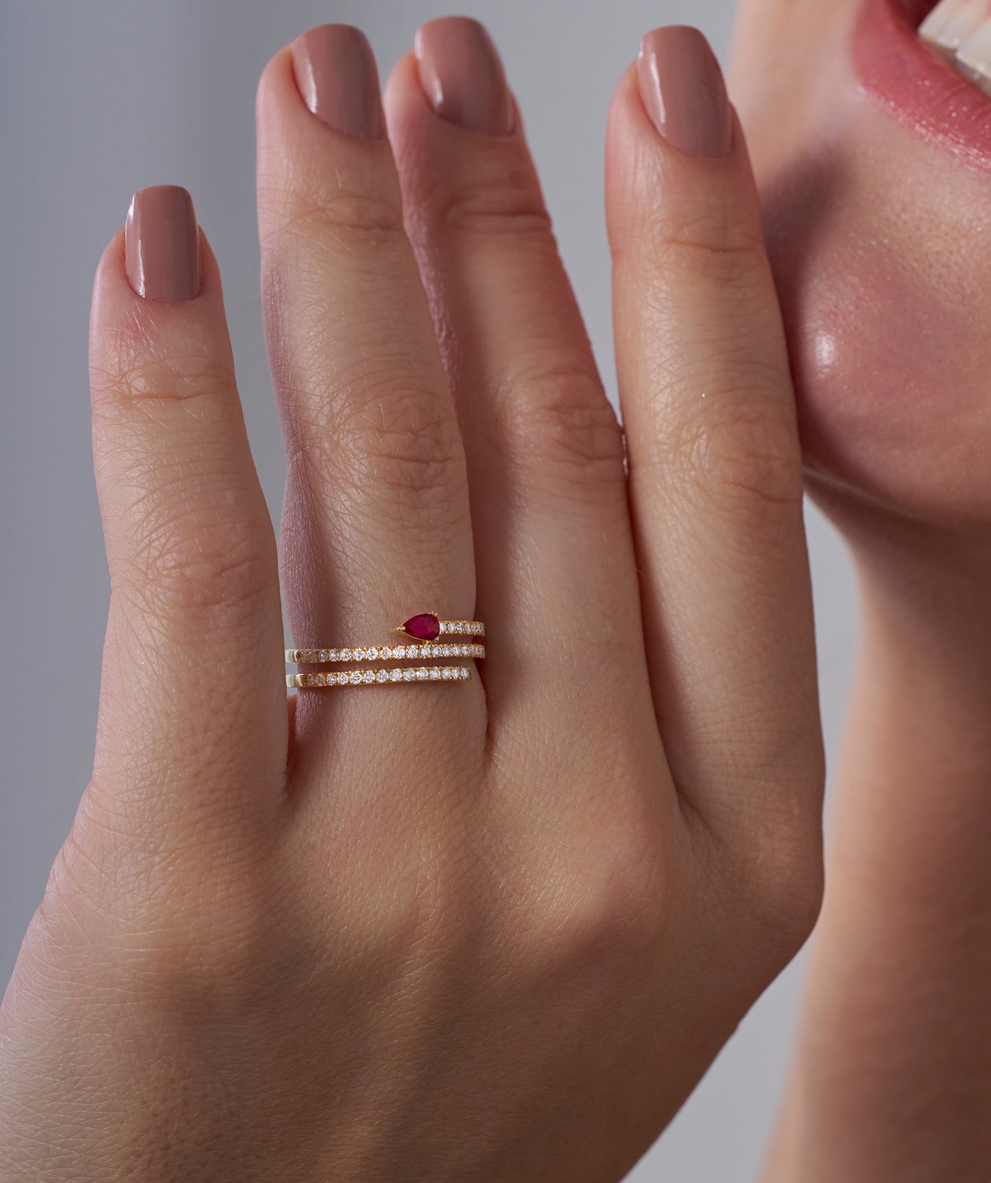 Ruby Heart 14K Gold Double Row Ring