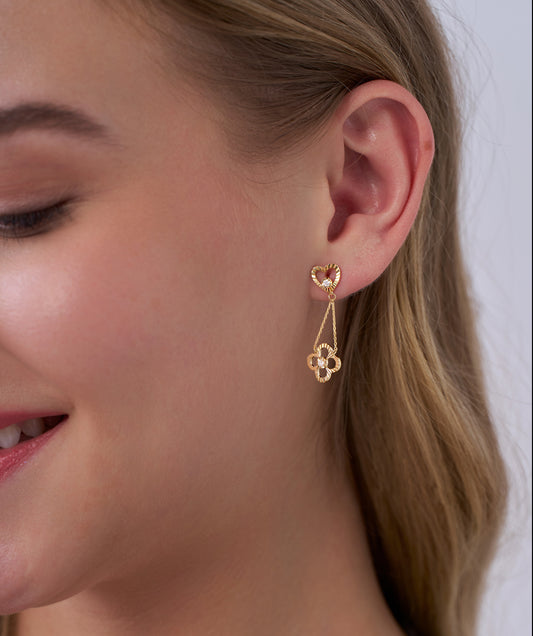Model Wearing Heart and Clover Diamond Link Drop Earrings
