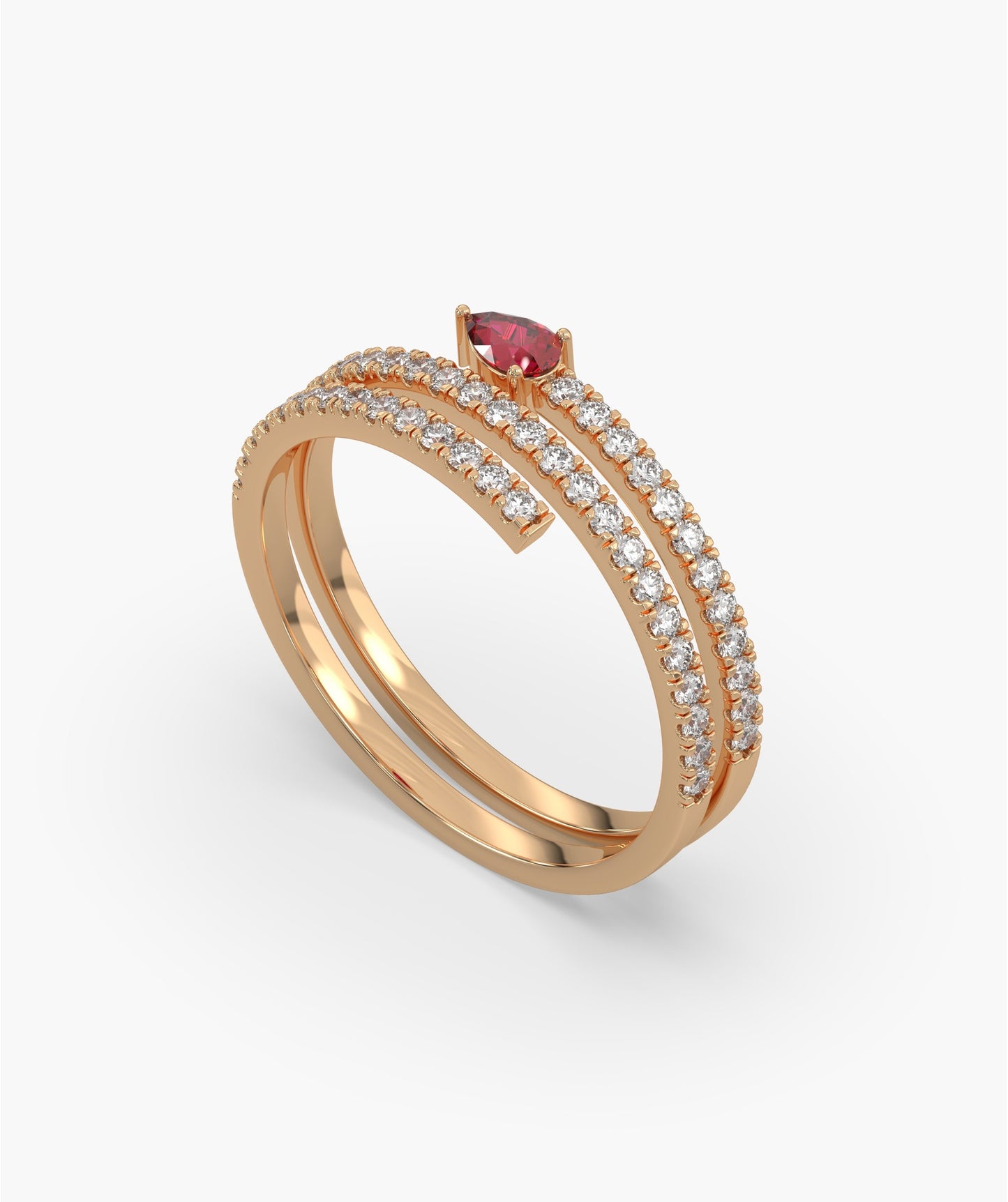 Ruby Heart 14K Gold Double Row Ring