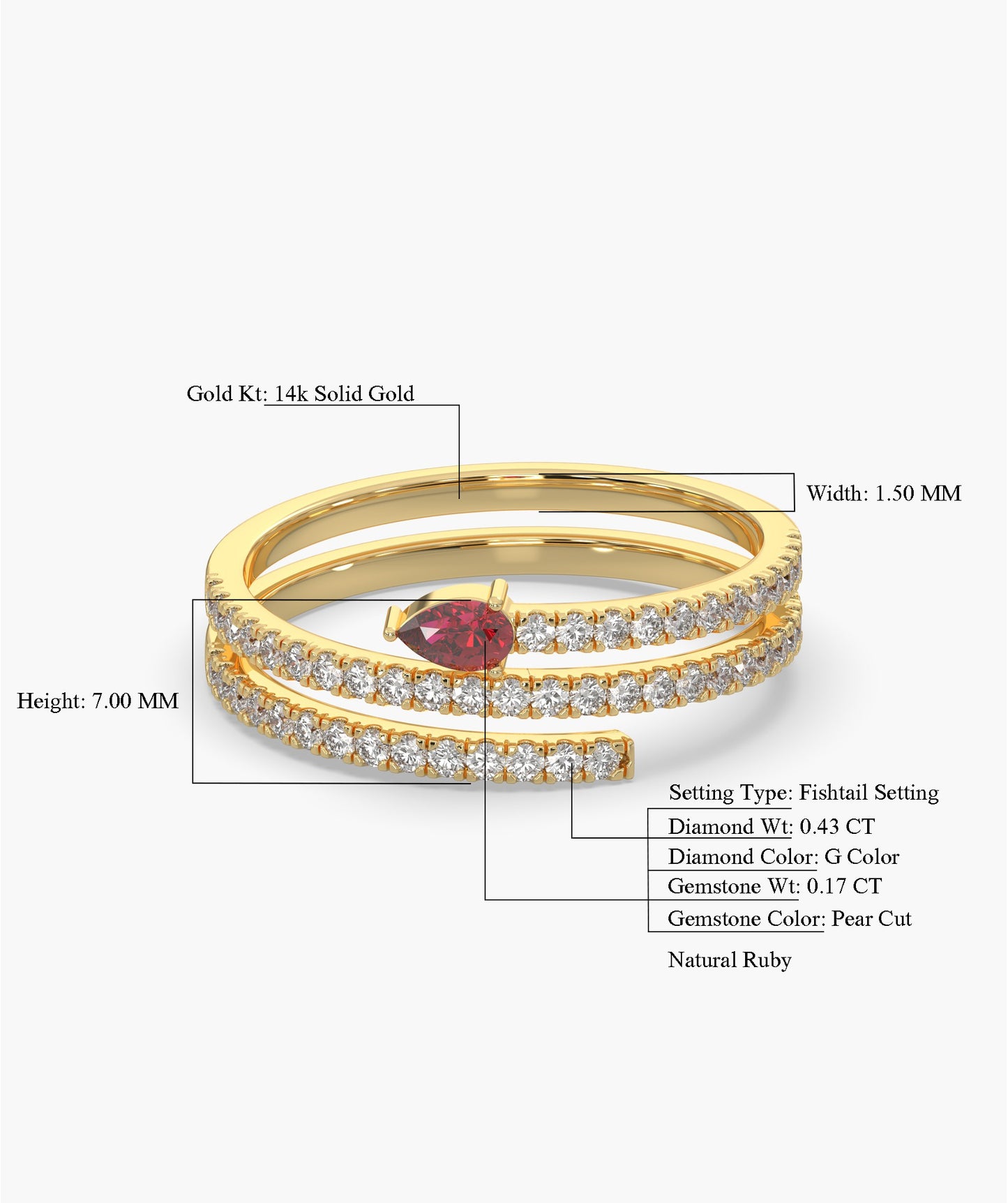 Ruby Heart 14K Gold Double Row Ring