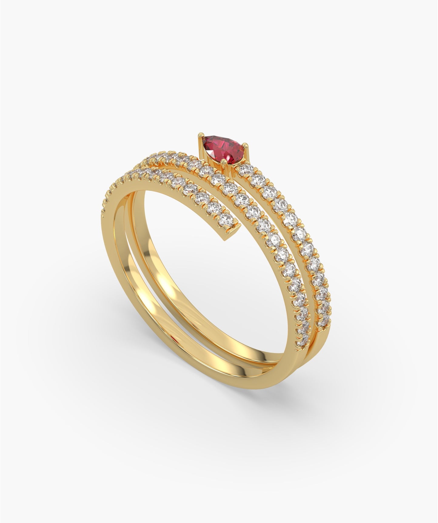 Ruby Heart 14K Gold Double Row Ring