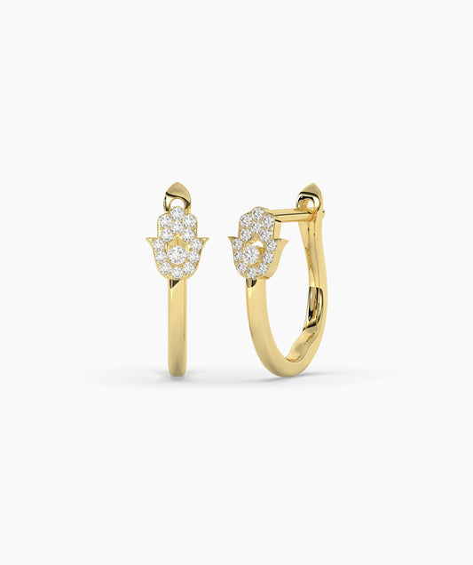 14K Gold Diamond Hamsa Huggie Earrings