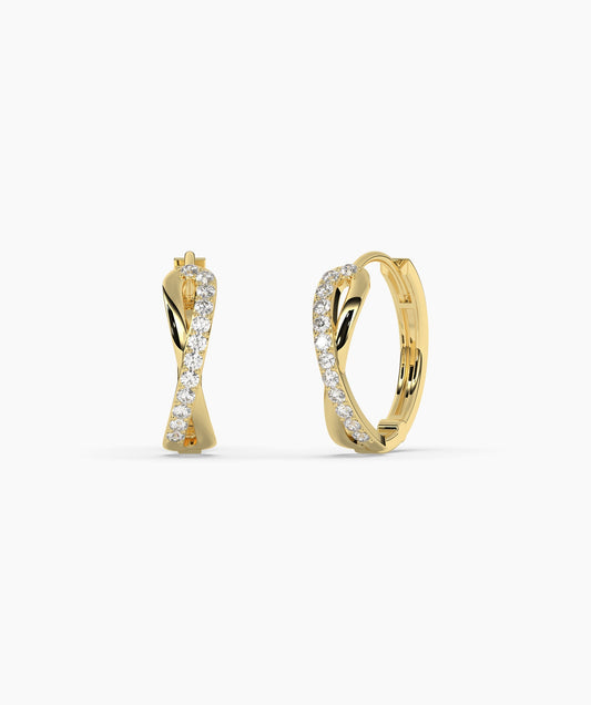 Pavé Diamond Twist Huggie Hoops In Yellow Gold 
