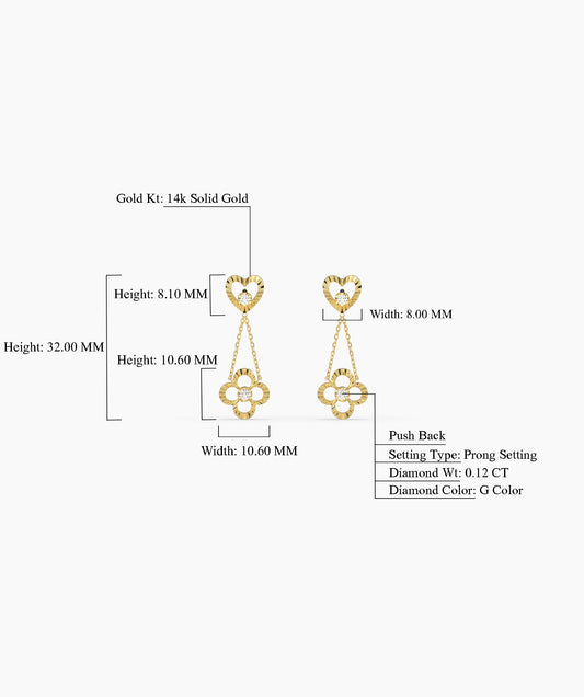 Heart and Clover Diamond Link Drop Earrings