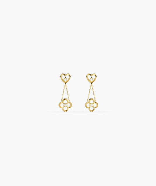 Heart and Clover Diamond Link Drop Earrings In Yellow Gold 