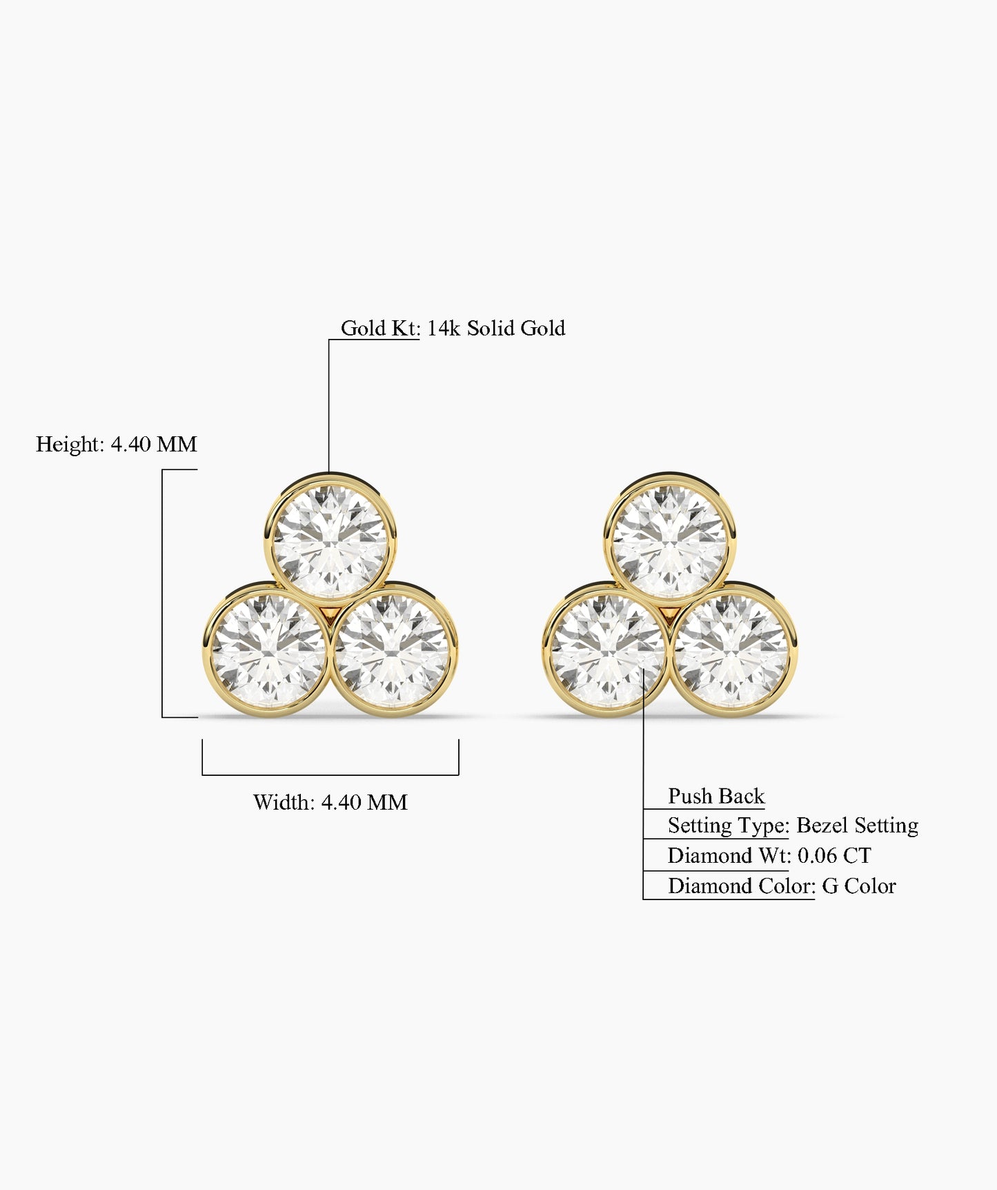 Bezel-Set Triple Diamond Stud Earrings