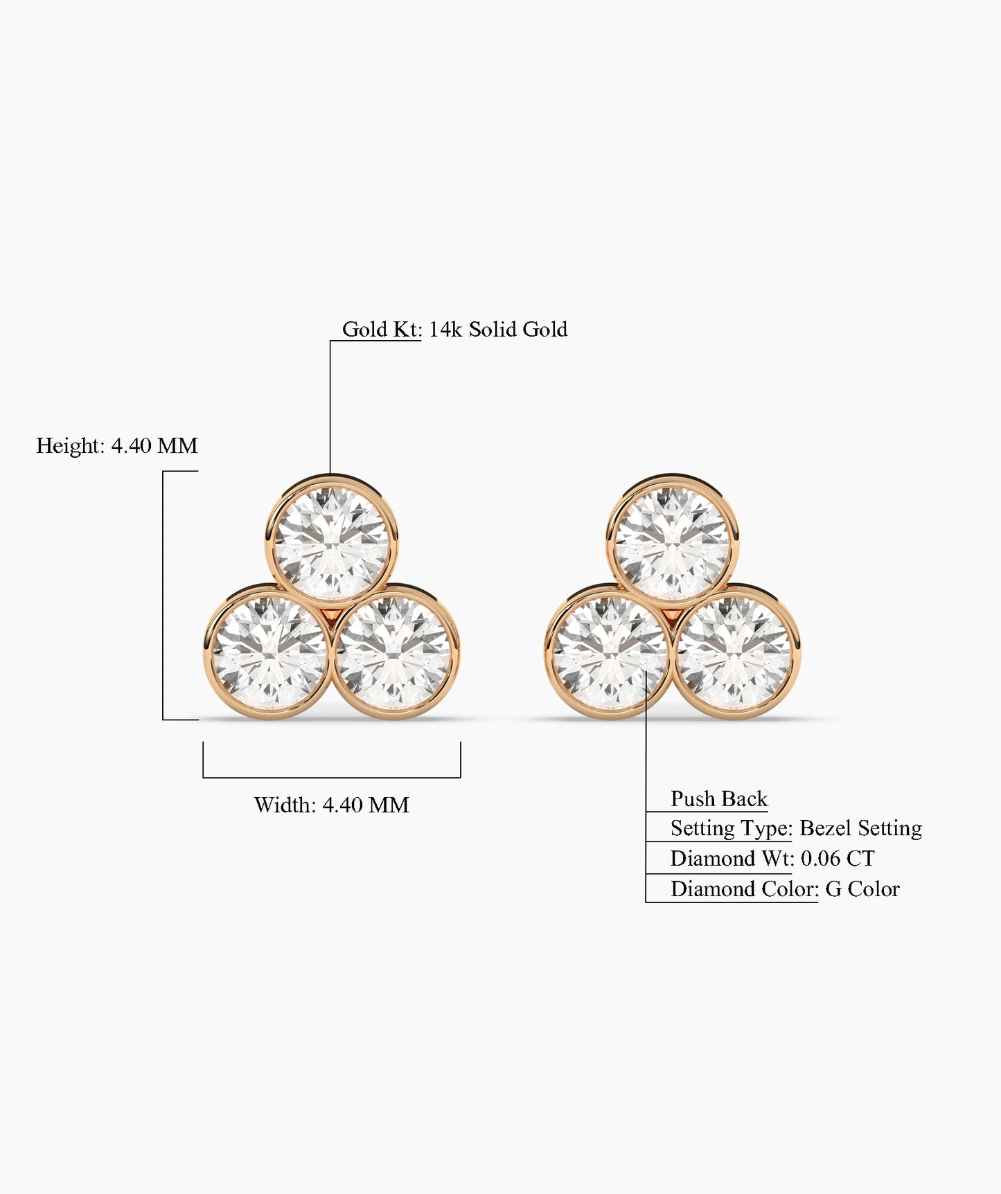 Bezel-Set Triple Diamond Stud Earrings