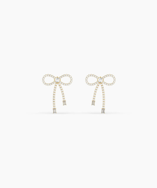 Pave Diamond Bow Stud Earrings with Baguette Drops In Yellow Gold 
