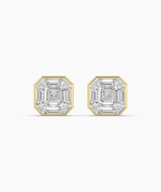 A pair of gold earrings featuring diamond-studded asscher shapes.
