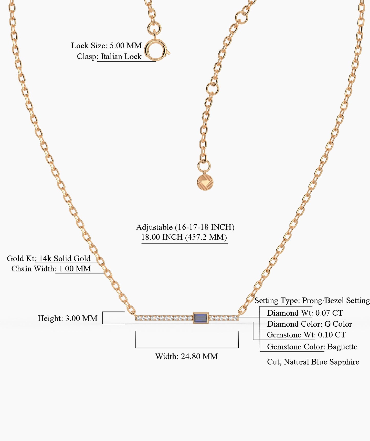 Blue Baguette Bar Gold Necklace