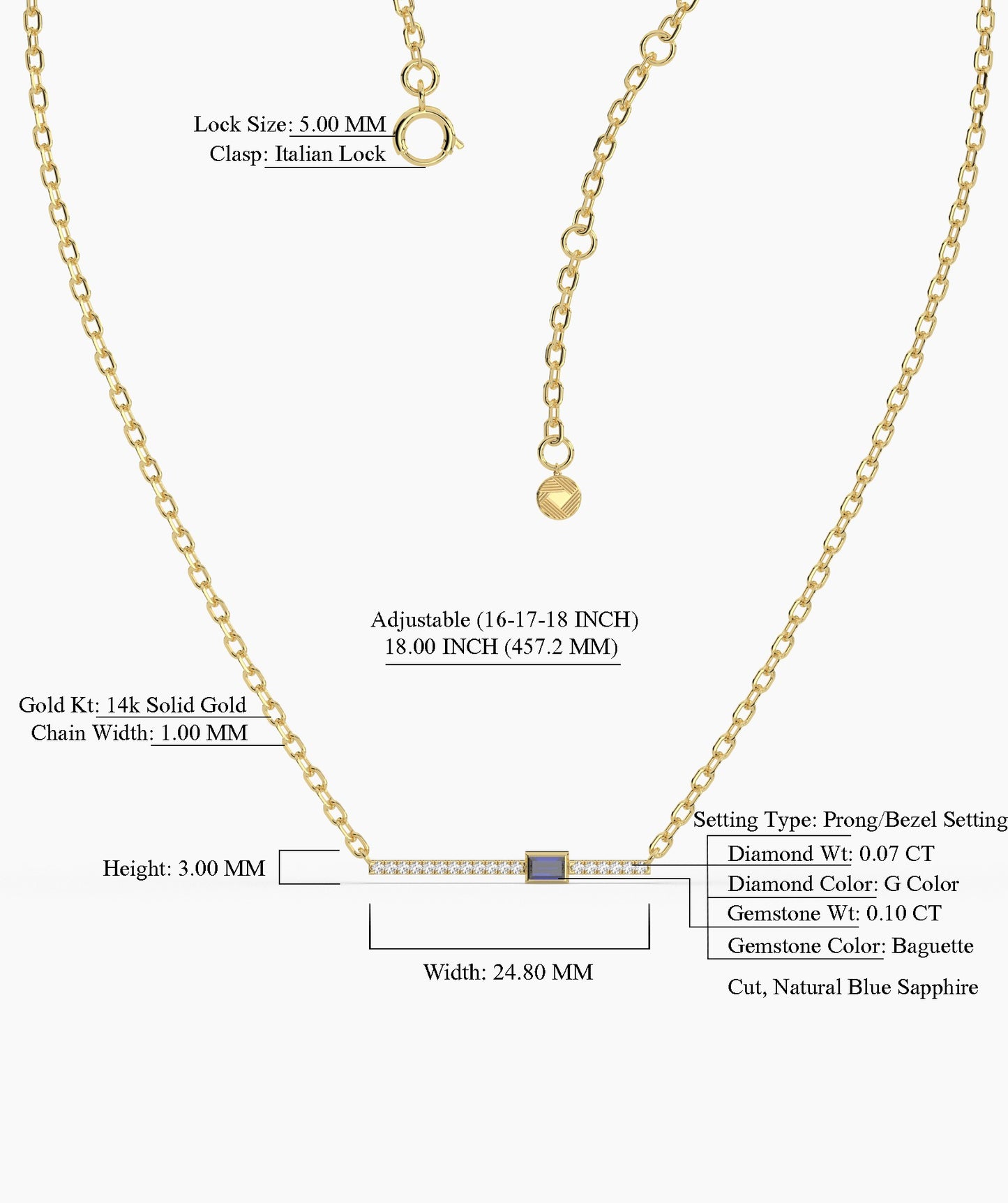 Blue Baguette Bar Gold Necklace