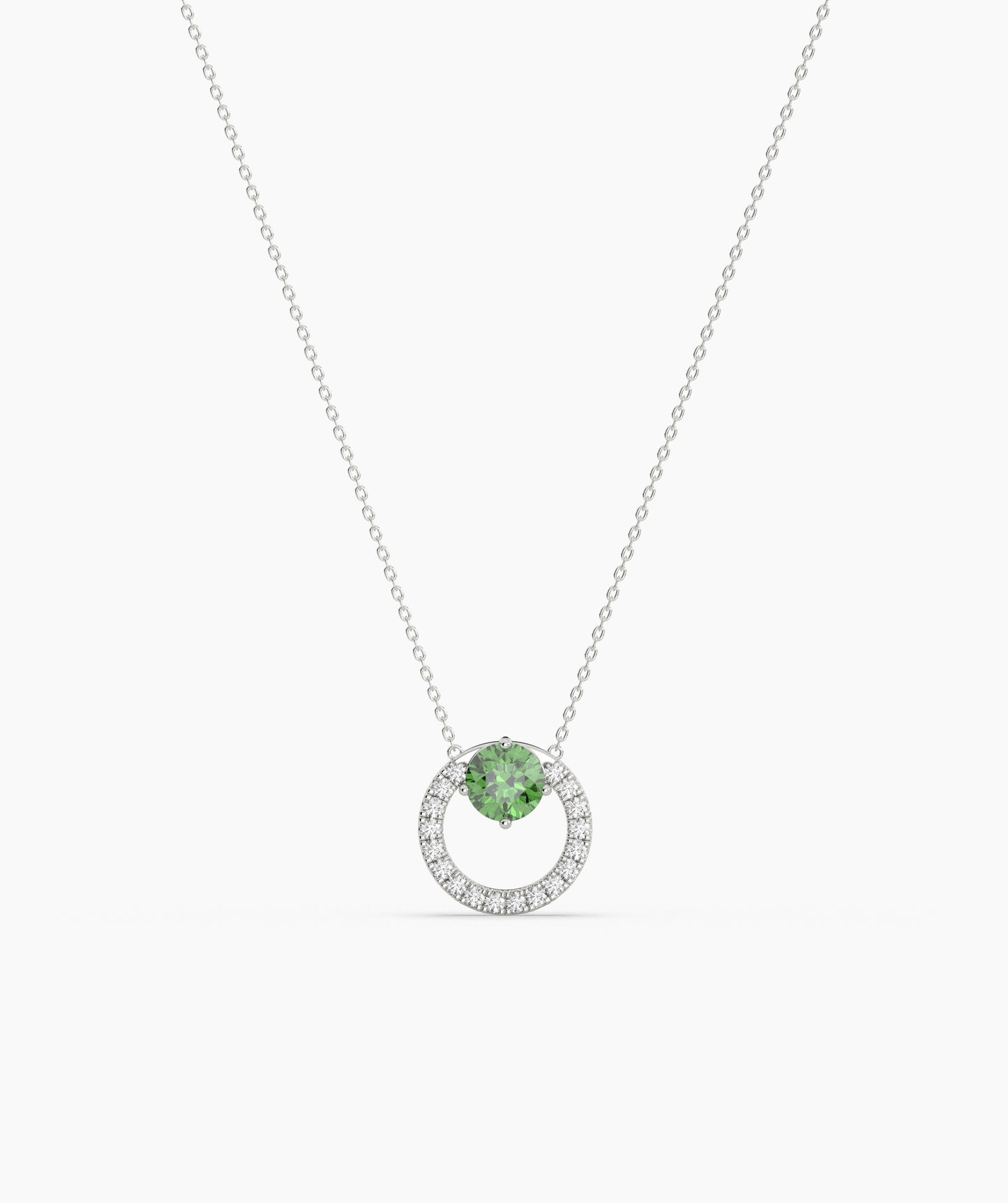 Circle Pendant Necklace with Green Gemstone & Diamonds