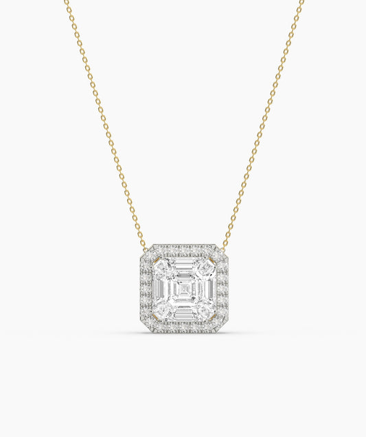 14K Gold Asscher Diamond Halo Pendant