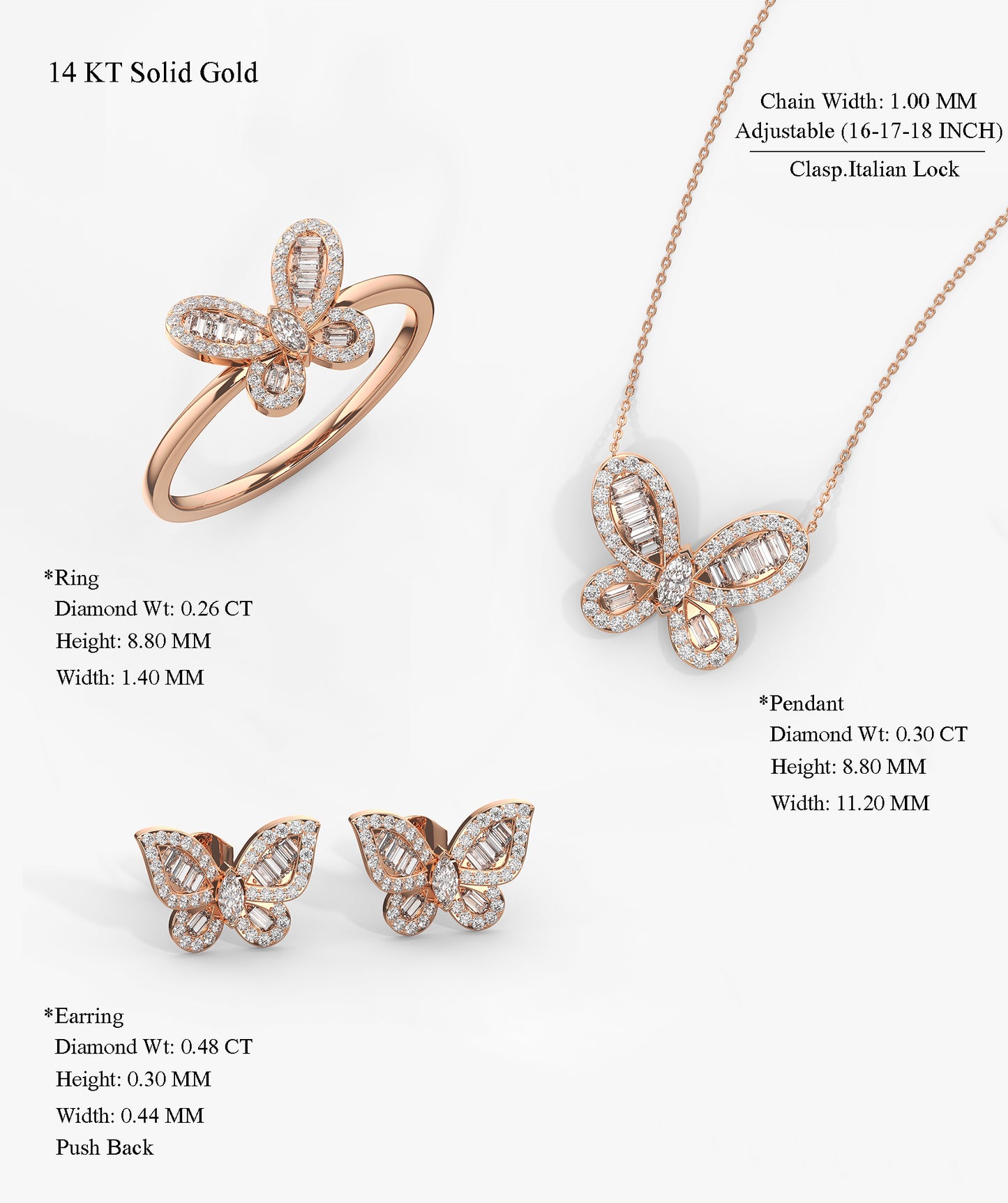 Solid 14K Gold Butterfly Jewelry Set