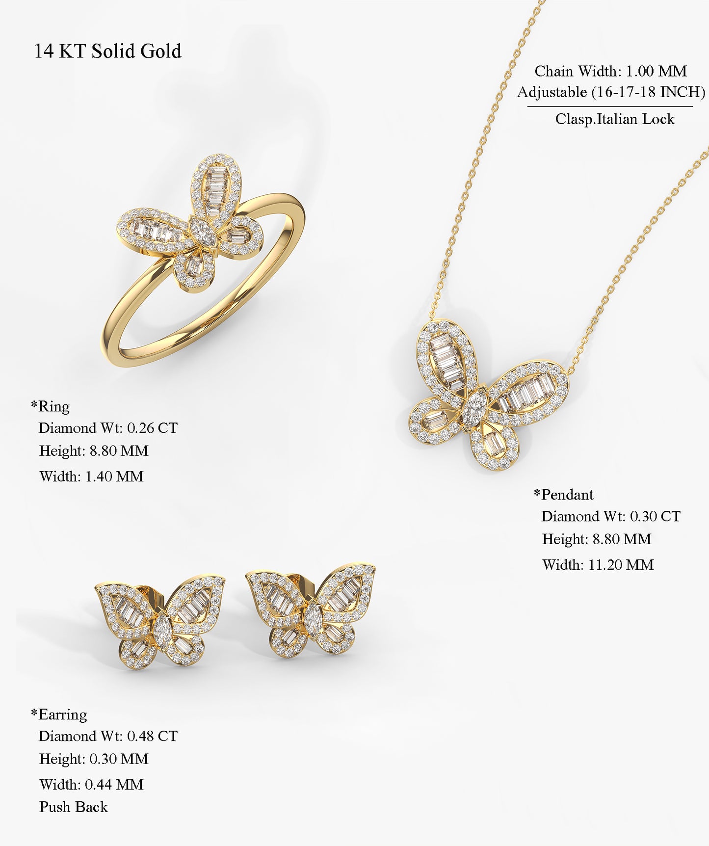 Solid 14K Gold Butterfly Jewelry Set