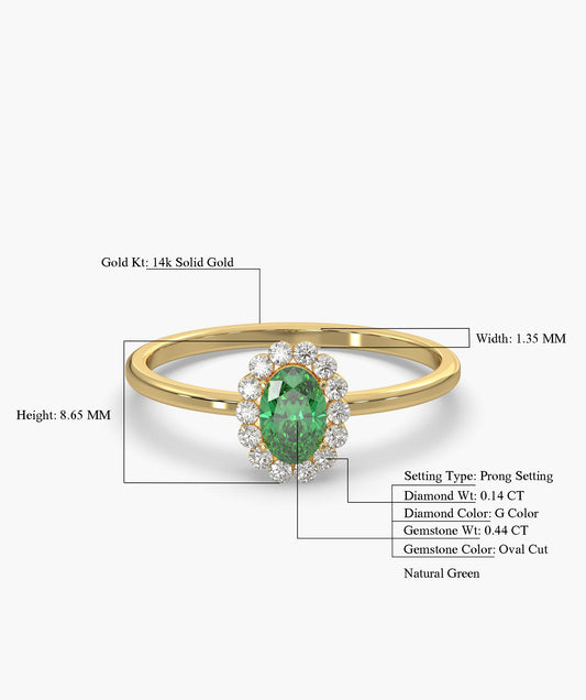 Gold ring with green gemstone and diamond details on a white background