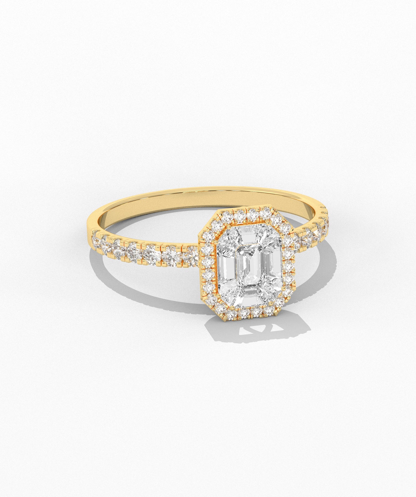 Pie Cut Emerald Diamond Cluster Octagon Halo Pave Engagement Ring in 14K Gold