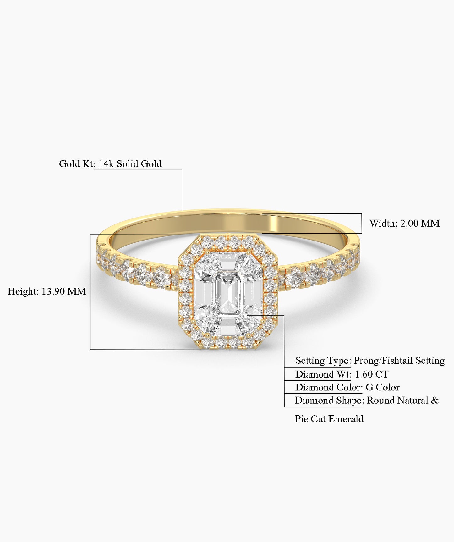 Pie Cut Emerald Diamond Cluster Octagon Halo Pave Engagement Ring in 14K Gold