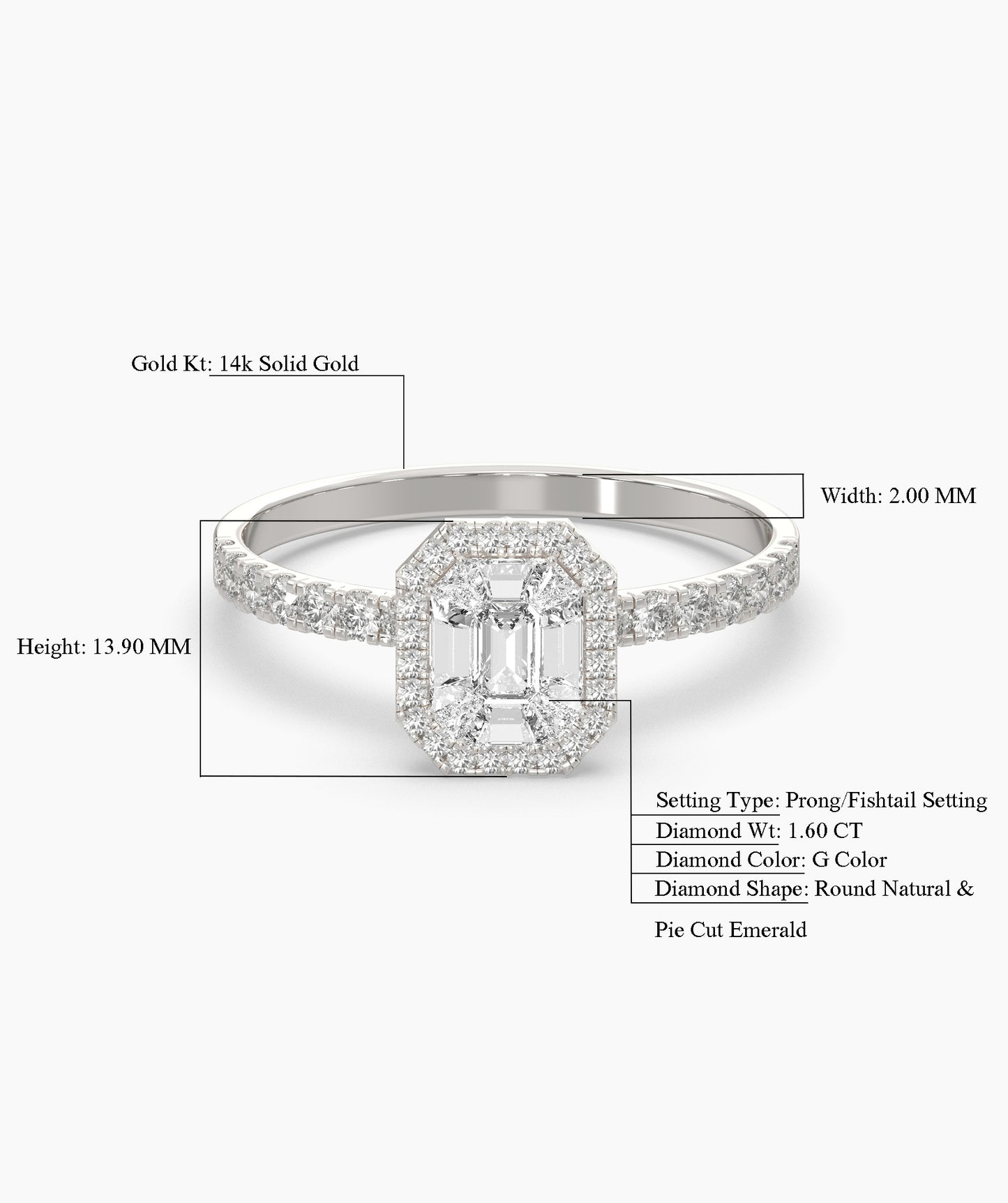 Pie Cut Emerald Diamond Cluster Octagon Halo Pave Engagement Ring in 14K Gold