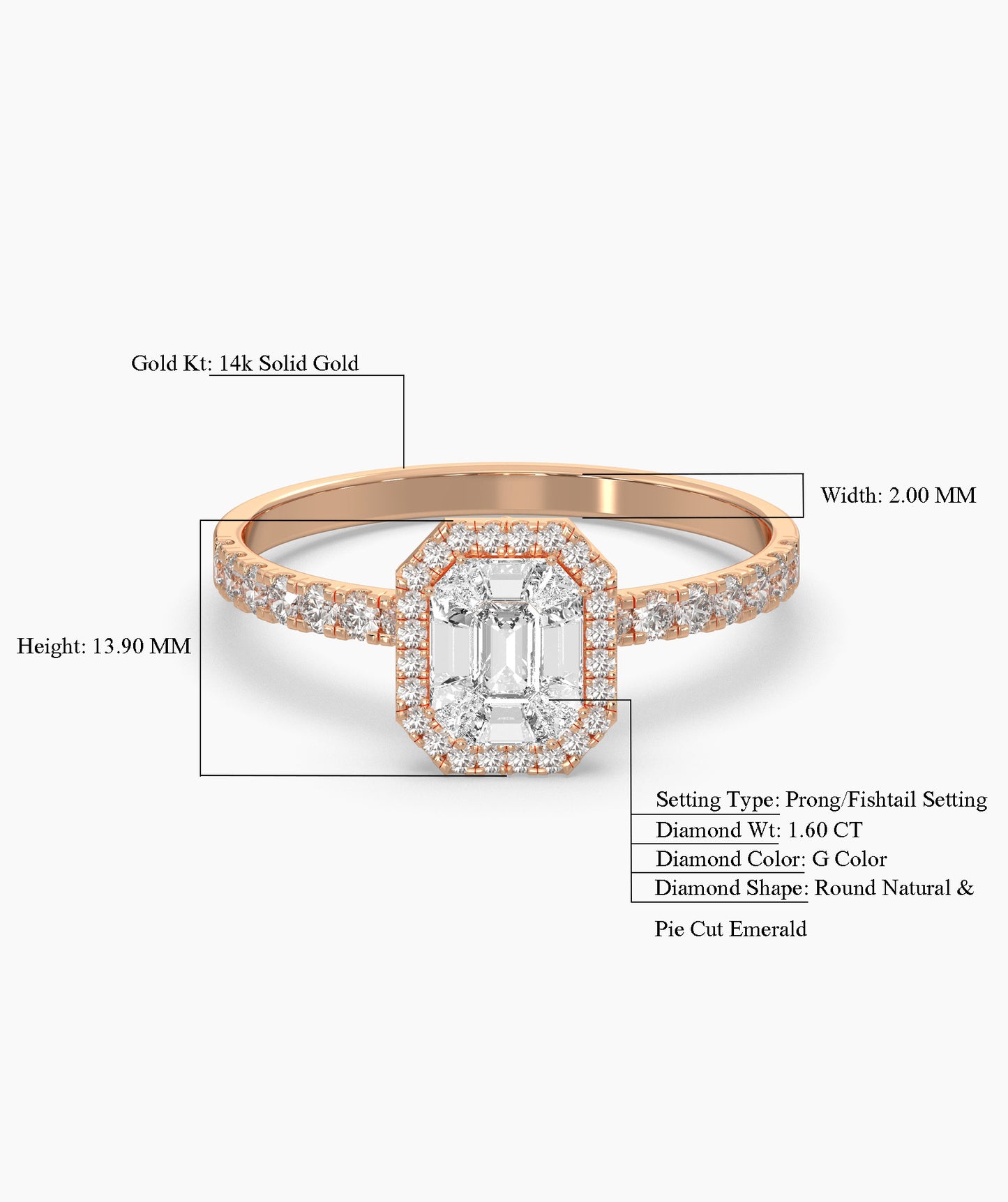 Pie Cut Emerald Diamond Cluster Octagon Halo Pave Engagement Ring in 14K Gold