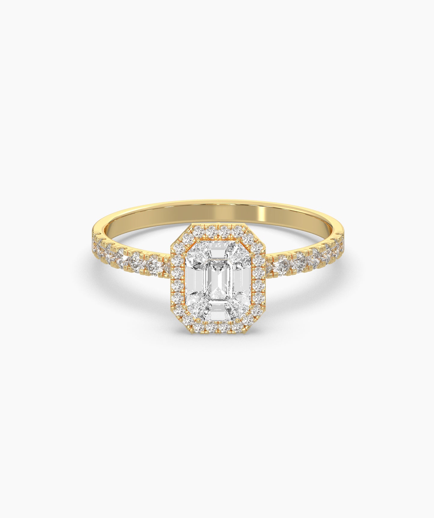 Pie Cut Emerald Diamond Cluster Octagon Halo Pave Engagement Ring in 14K Gold