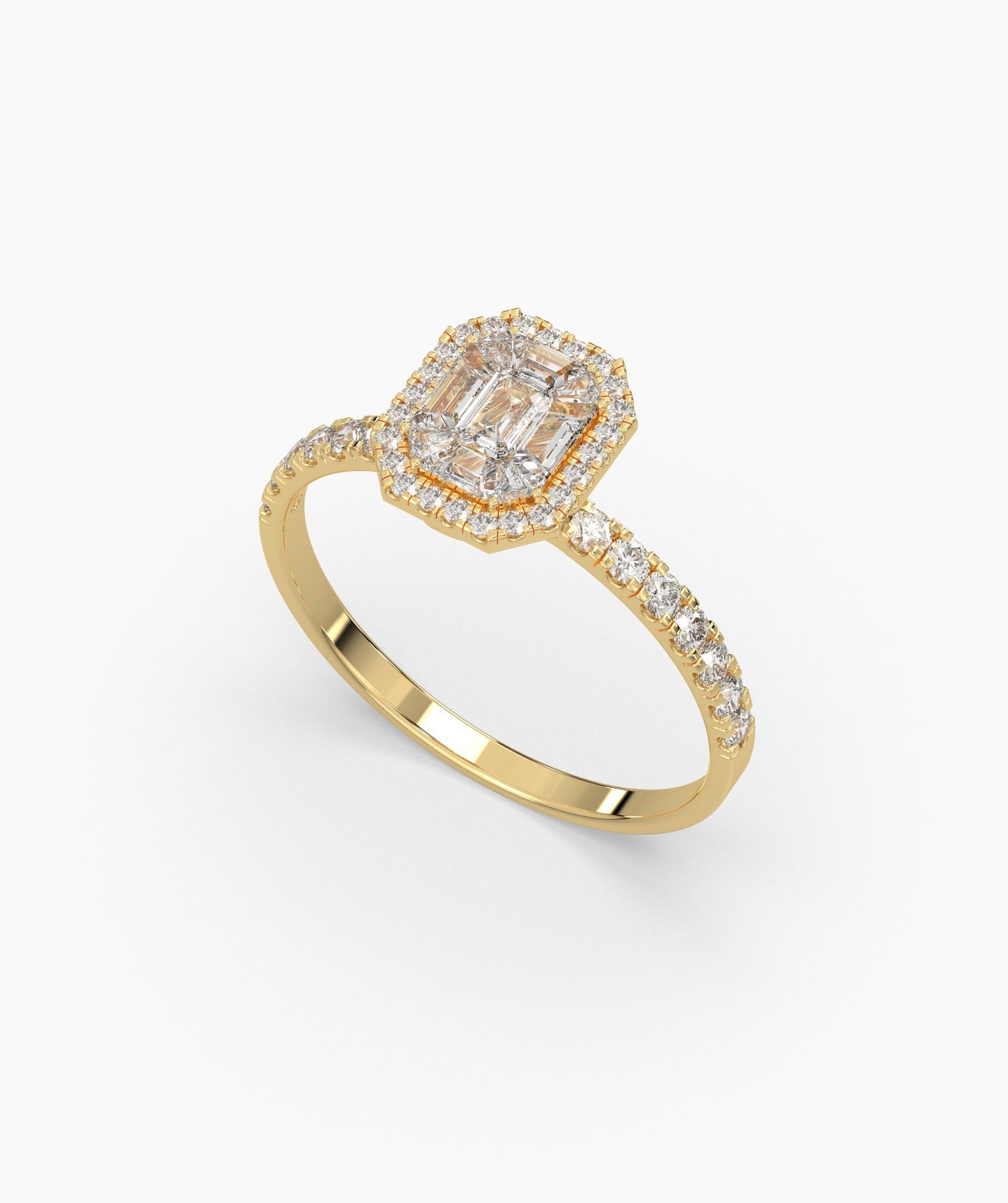 Pie Cut Emerald Diamond Cluster Octagon Halo Pave Engagement Ring in 14K Gold