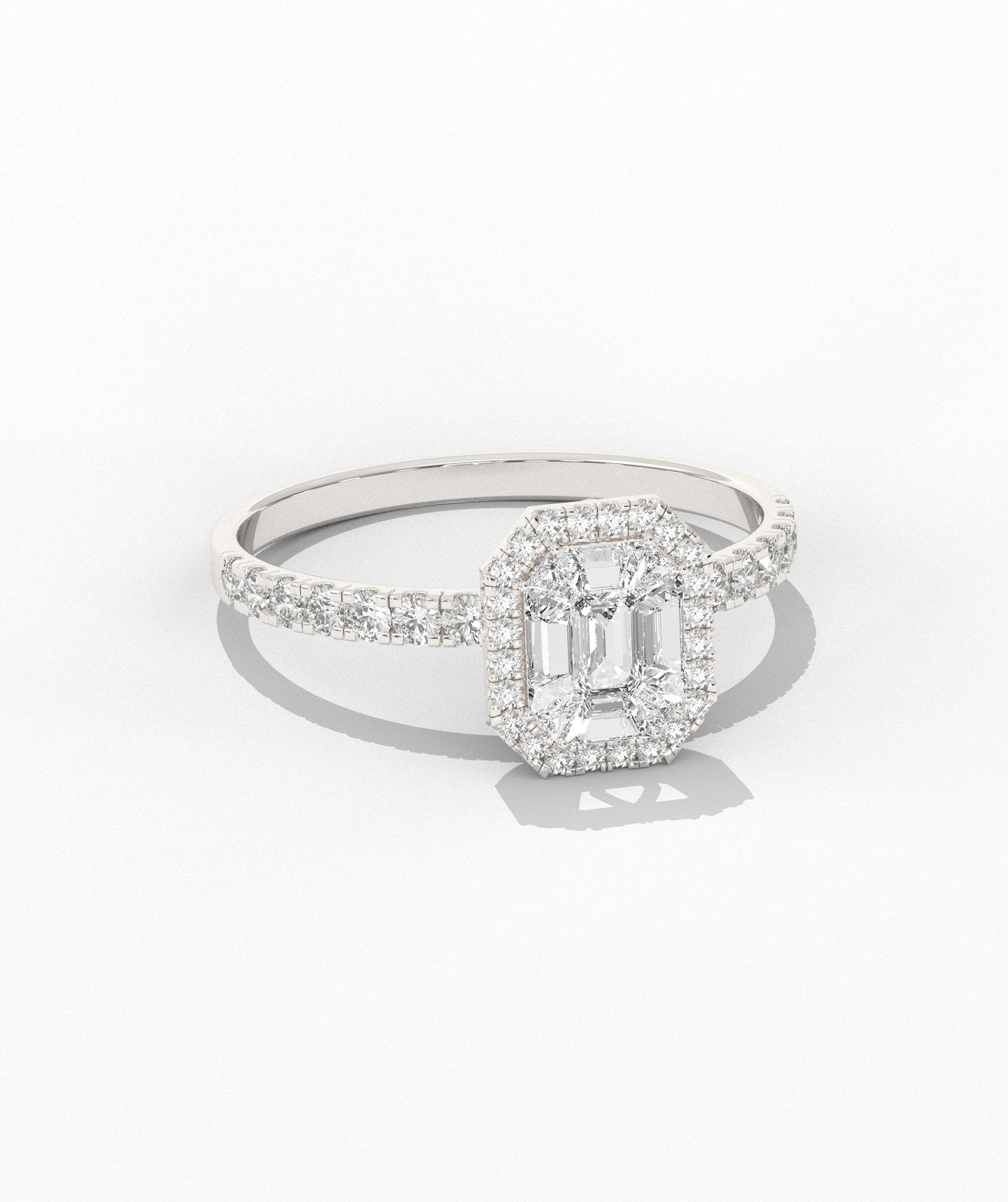 Pie Cut Emerald Diamond Cluster Octagon Halo Pave Engagement Ring in 14K Gold