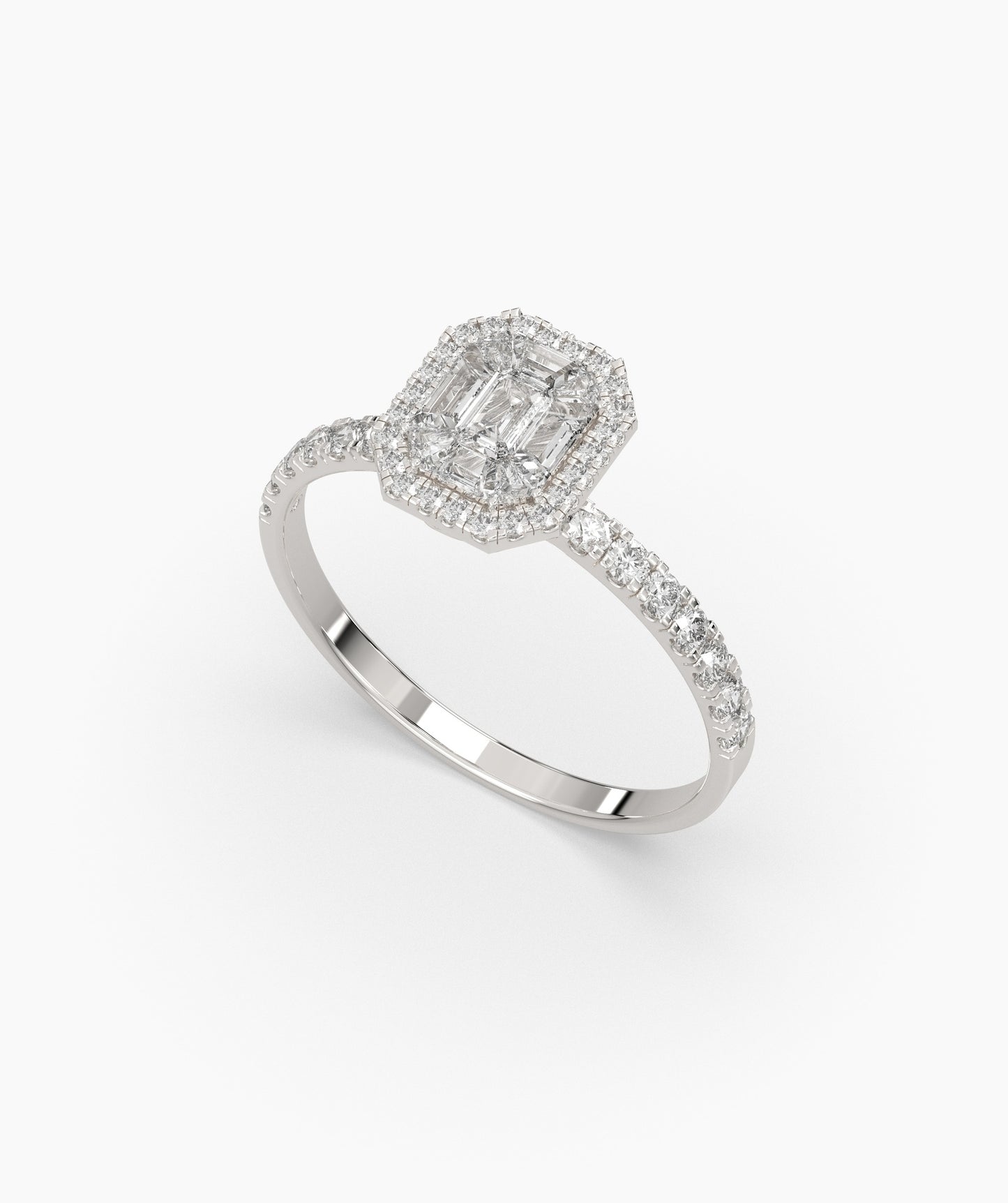 Pie Cut Emerald Diamond Cluster Octagon Halo Pave Engagement Ring in 14K Gold
