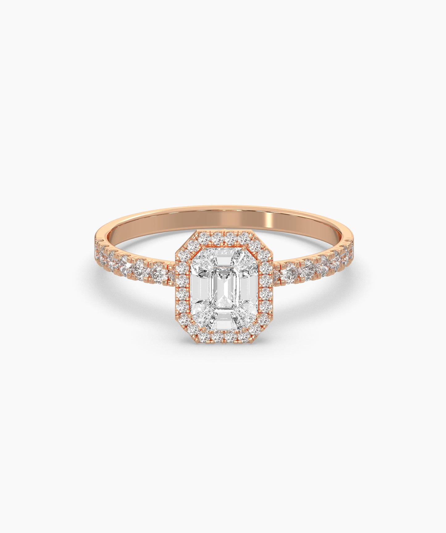 Pie Cut Emerald Diamond Cluster Octagon Halo Pave Engagement Ring in 14K Gold