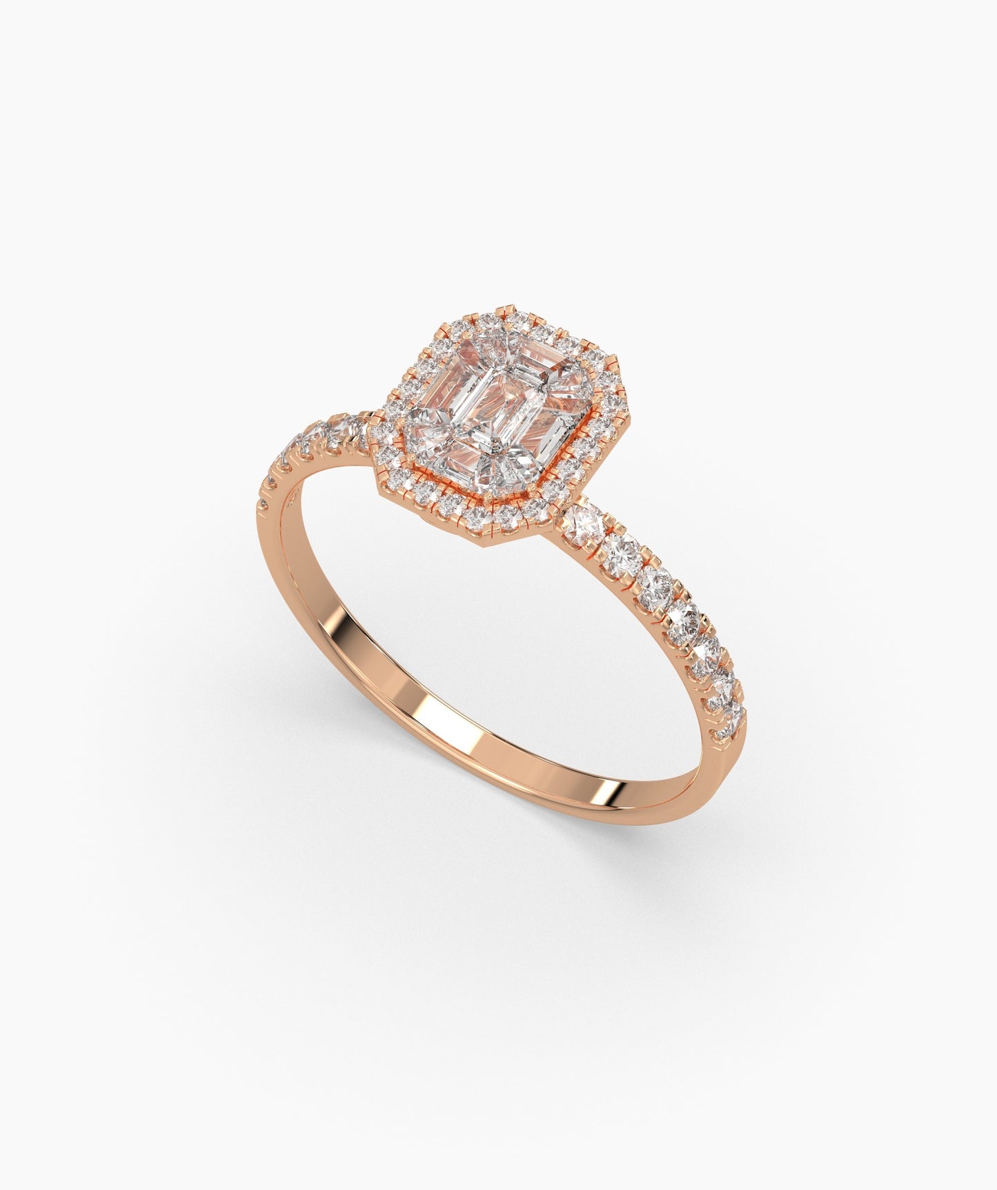 Pie Cut Emerald Diamond Cluster Octagon Halo Pave Engagement Ring in 14K Gold