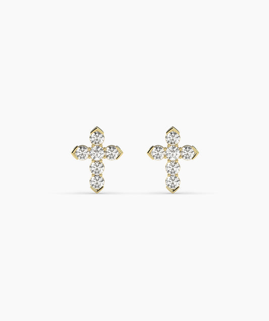 Dainty Diamond Cross Stud Earrings In Yellow Gold