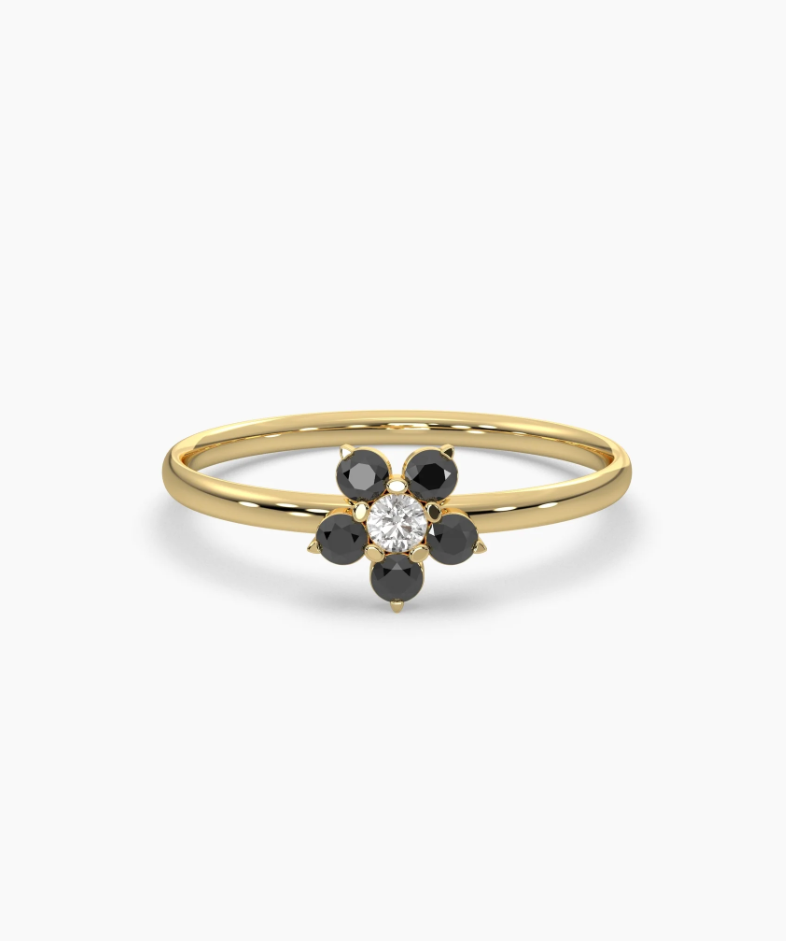 Purple and White Diamond Forget Me Not Flower Petite Ring in 14K Gold