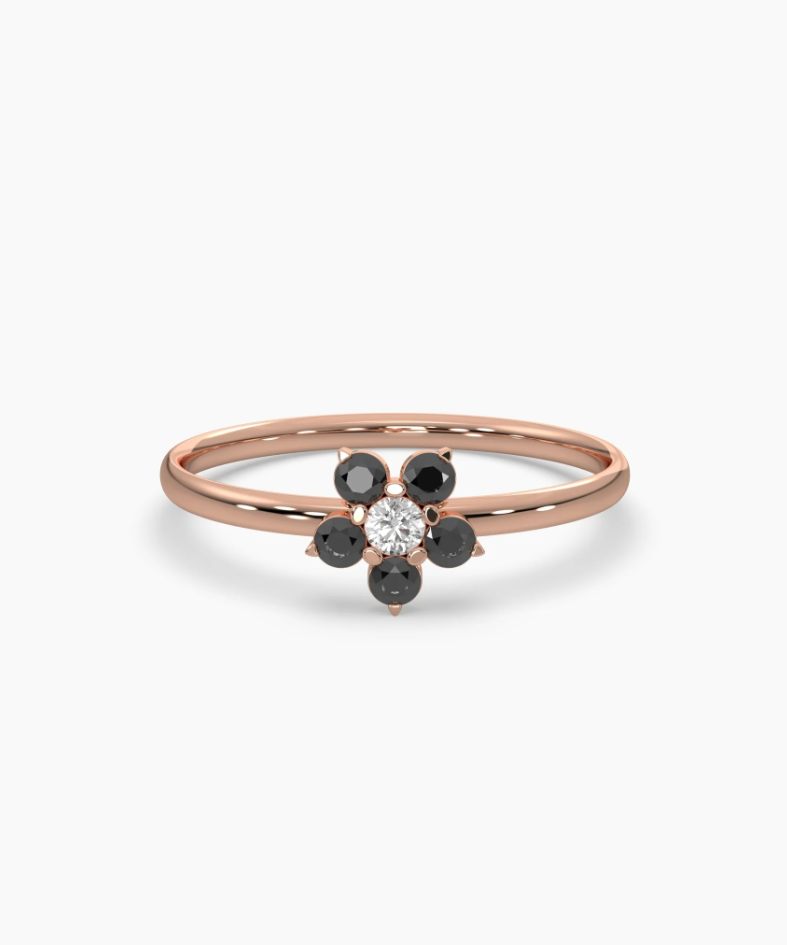 Purple and White Diamond Forget Me Not Flower Petite Ring in 14K Gold