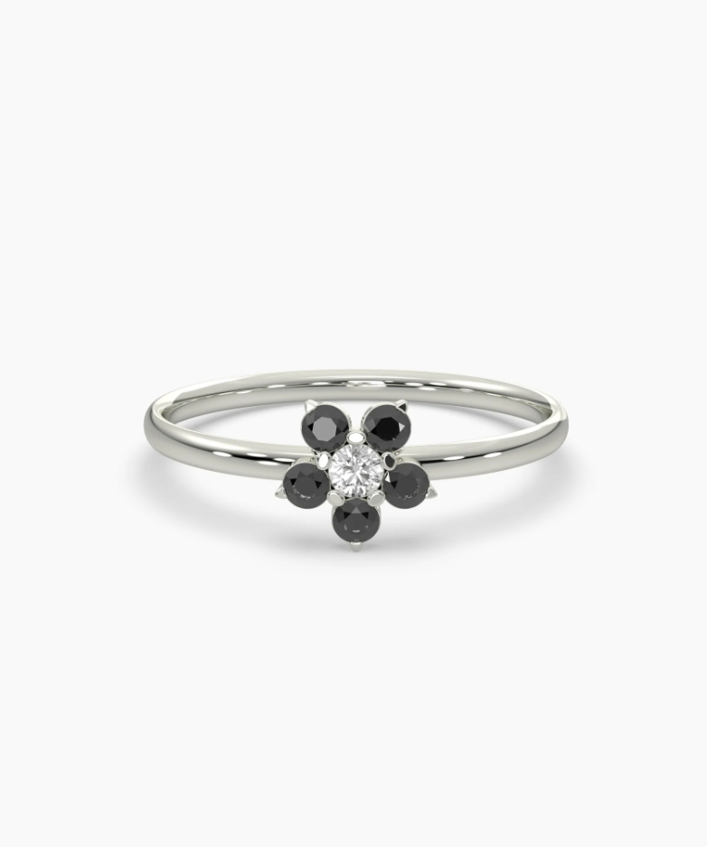 Purple and White Diamond Forget Me Not Flower Petite Ring in 14K Gold