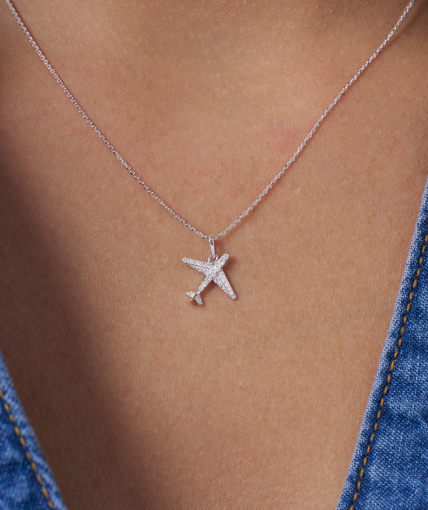 Diamond Airplane 14K Gold Necklace