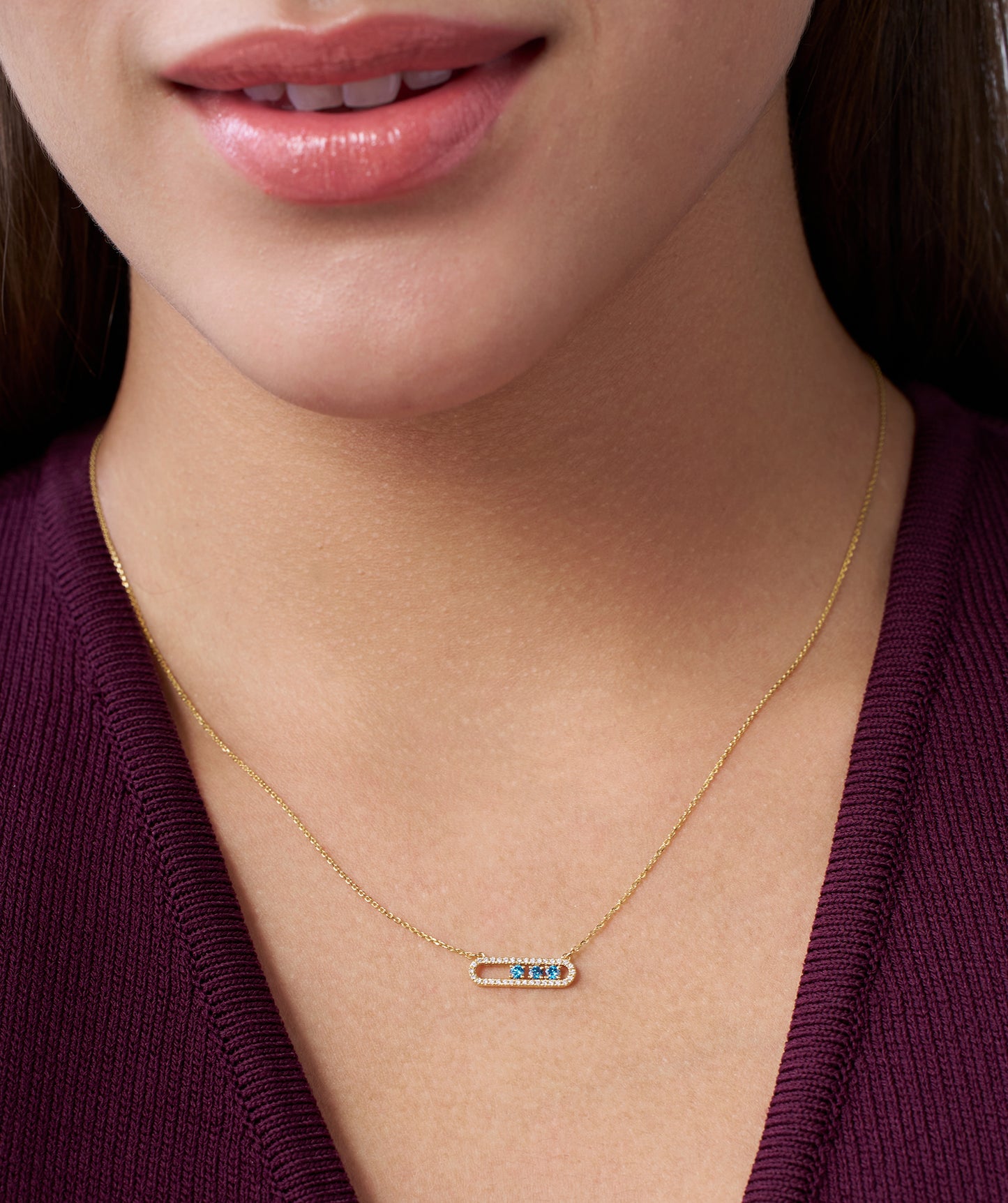 14K Gold Bar Necklace with Blue Accents