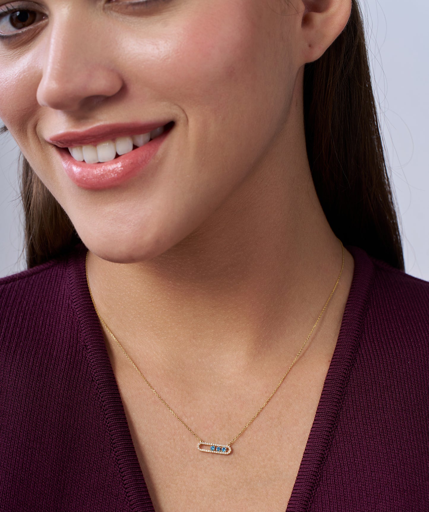 14K Gold Bar Necklace with Blue Accents